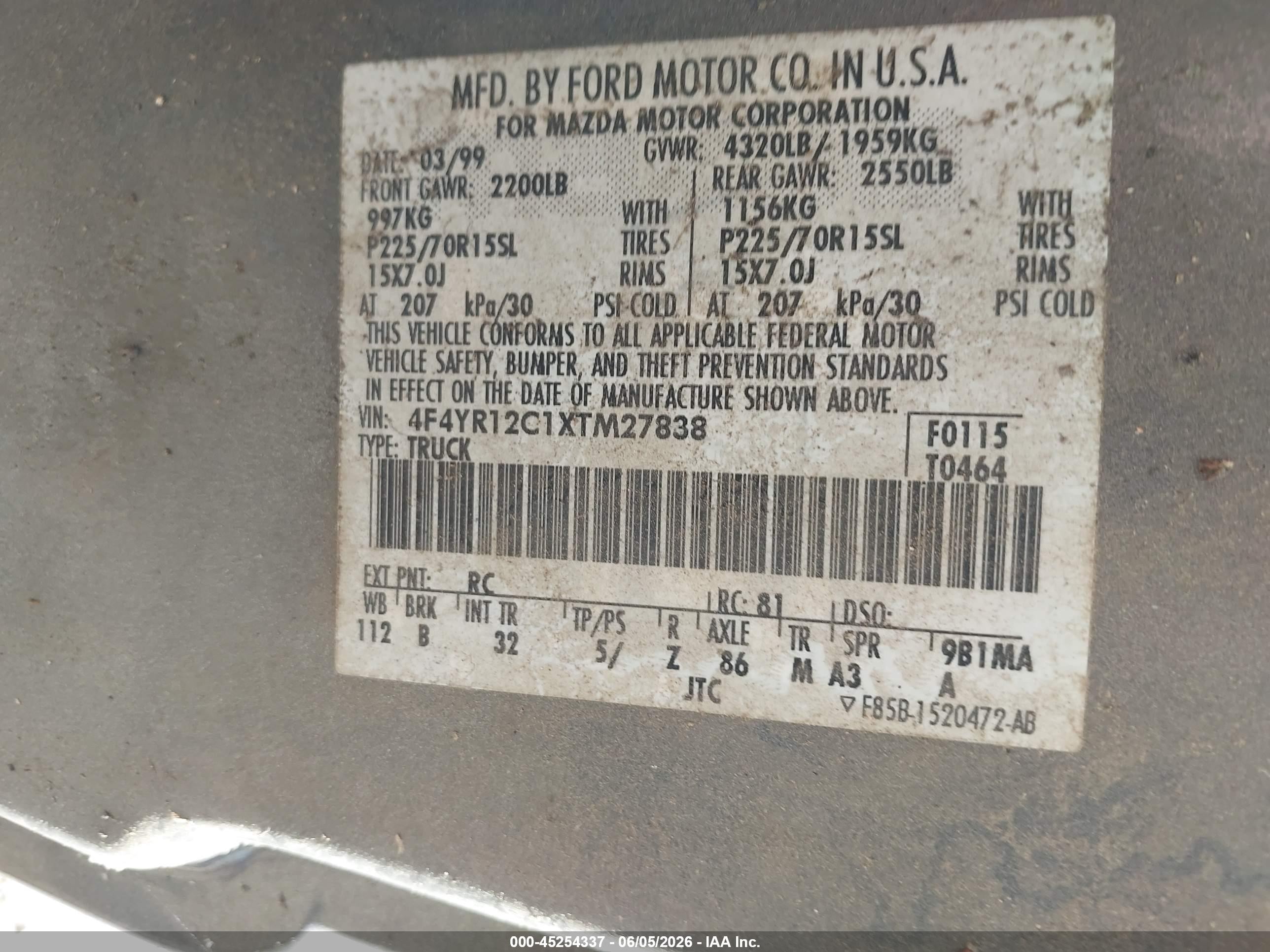 1999 Mazda B2500   Gray vin: 4F4YR12C1XTM27838