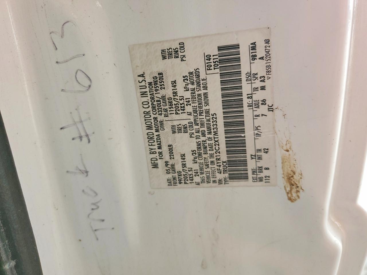 1999 Mazda B2500 White vin: 4F4YR12C2XTM33325