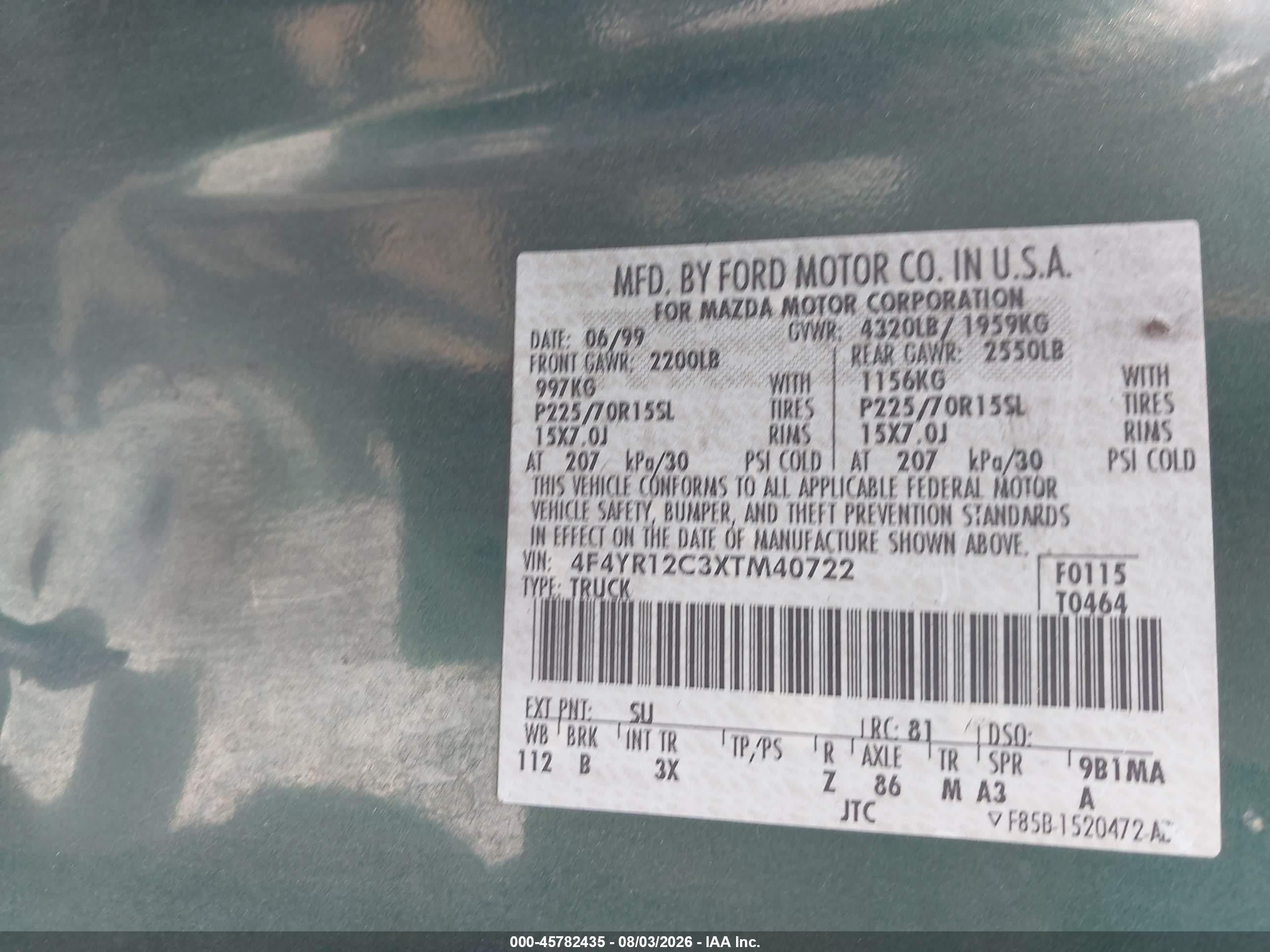 1999 Mazda B2500 Se/sx/tl Green vin: 4F4YR12C3XTM40722