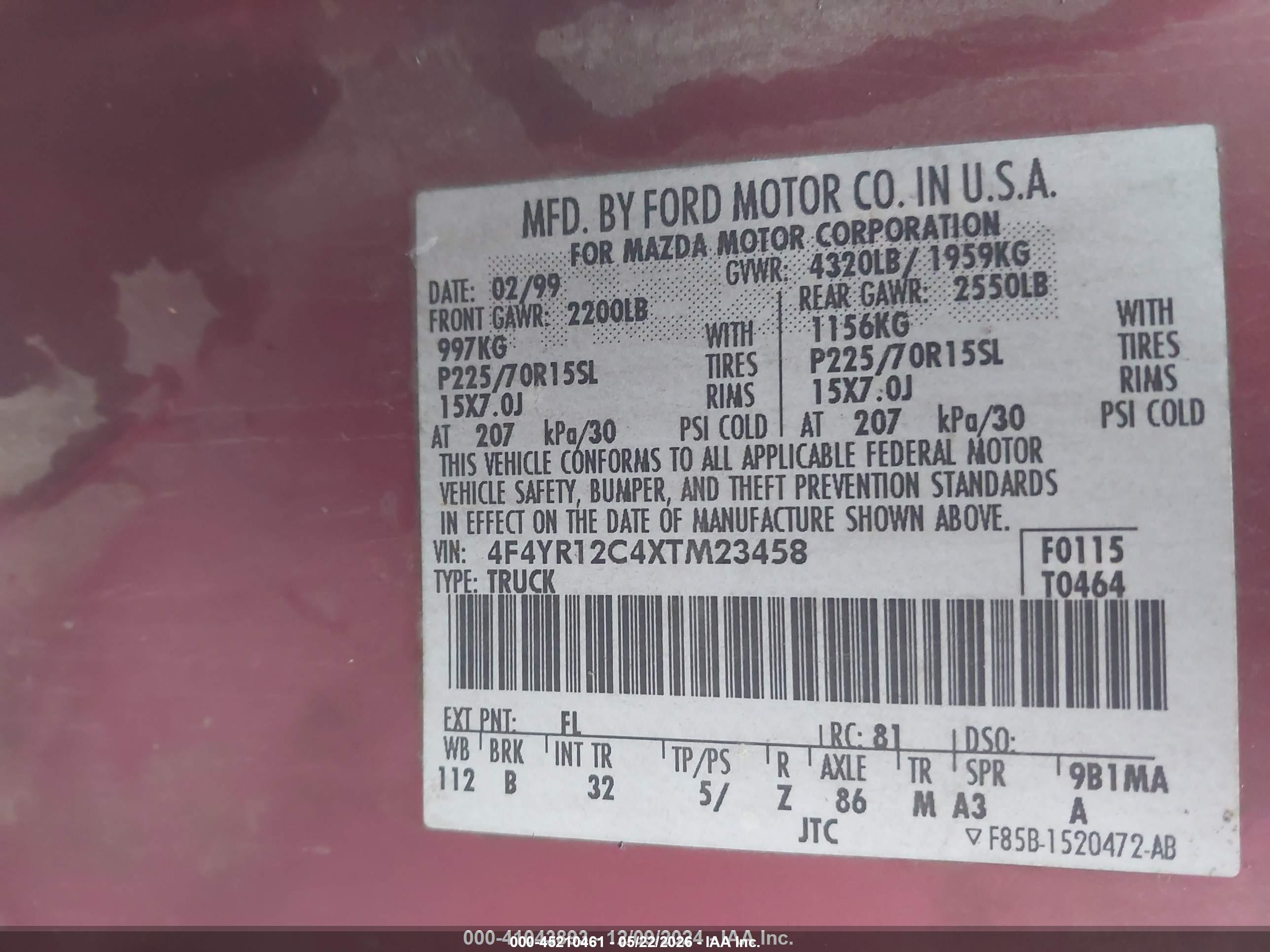 1999 Mazda B2500 Se/sx/tl Burgundy vin: 4F4YR12C4XTM23458