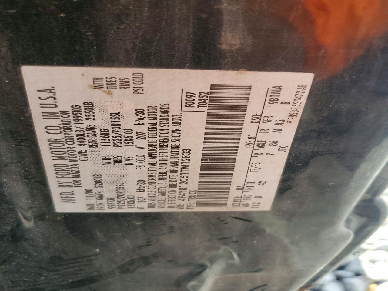 2001 Mazda B2500 Black vin: 4F4YR12C51TM12833
