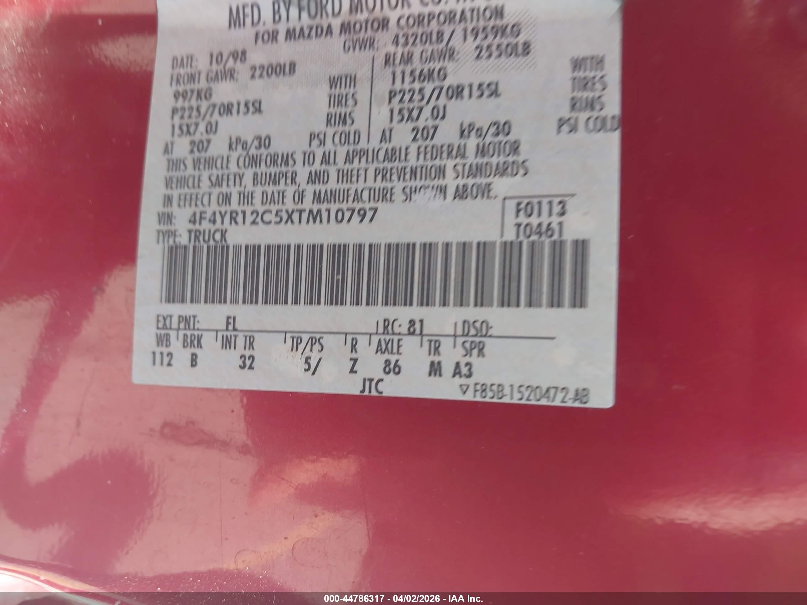 1999 Mazda B2500 Se/sx/tl Red vin: 4F4YR12C5XTM10797