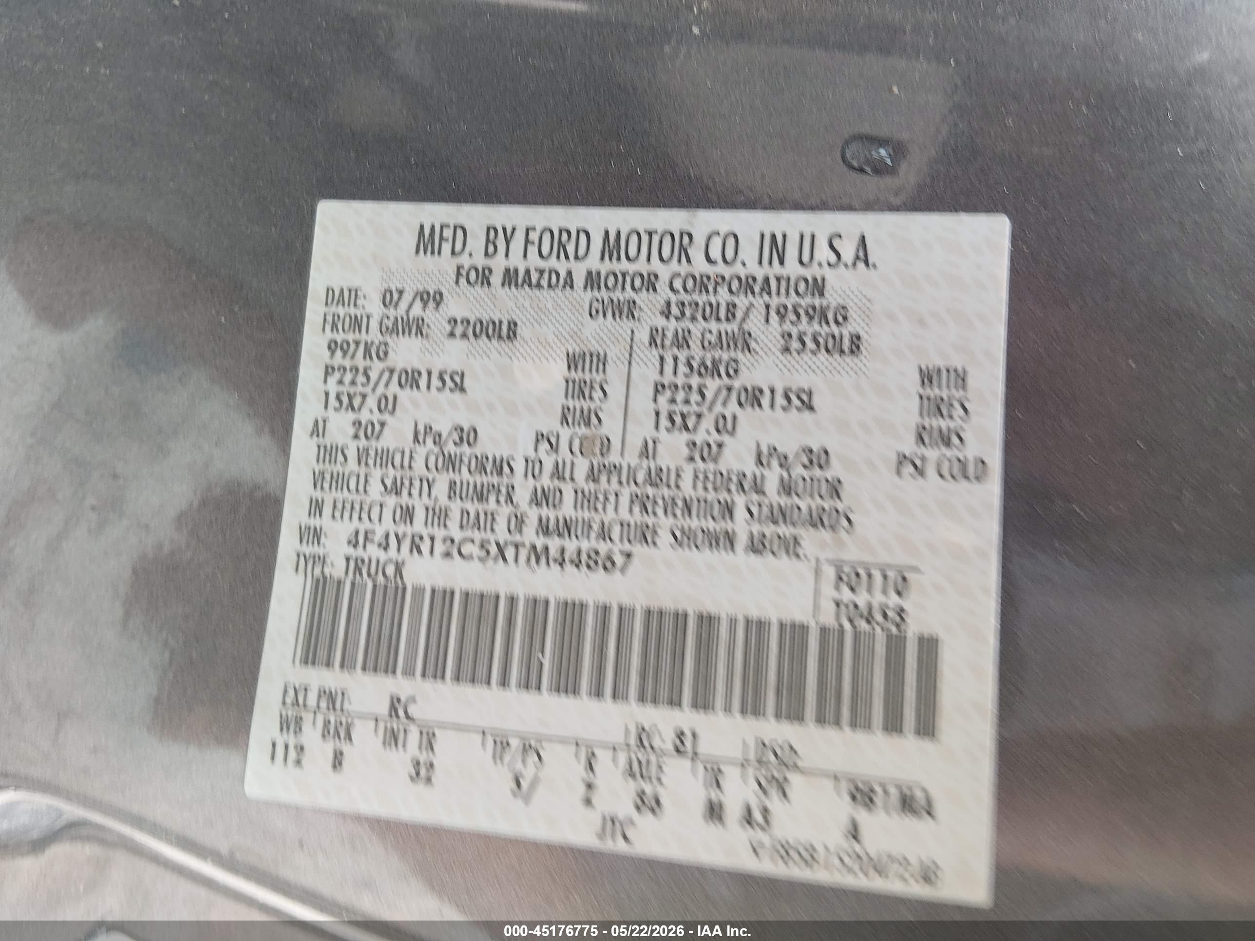 1999 Mazda B2500 Se/sx/tl Серый vin: 4F4YR12C5XTM44867