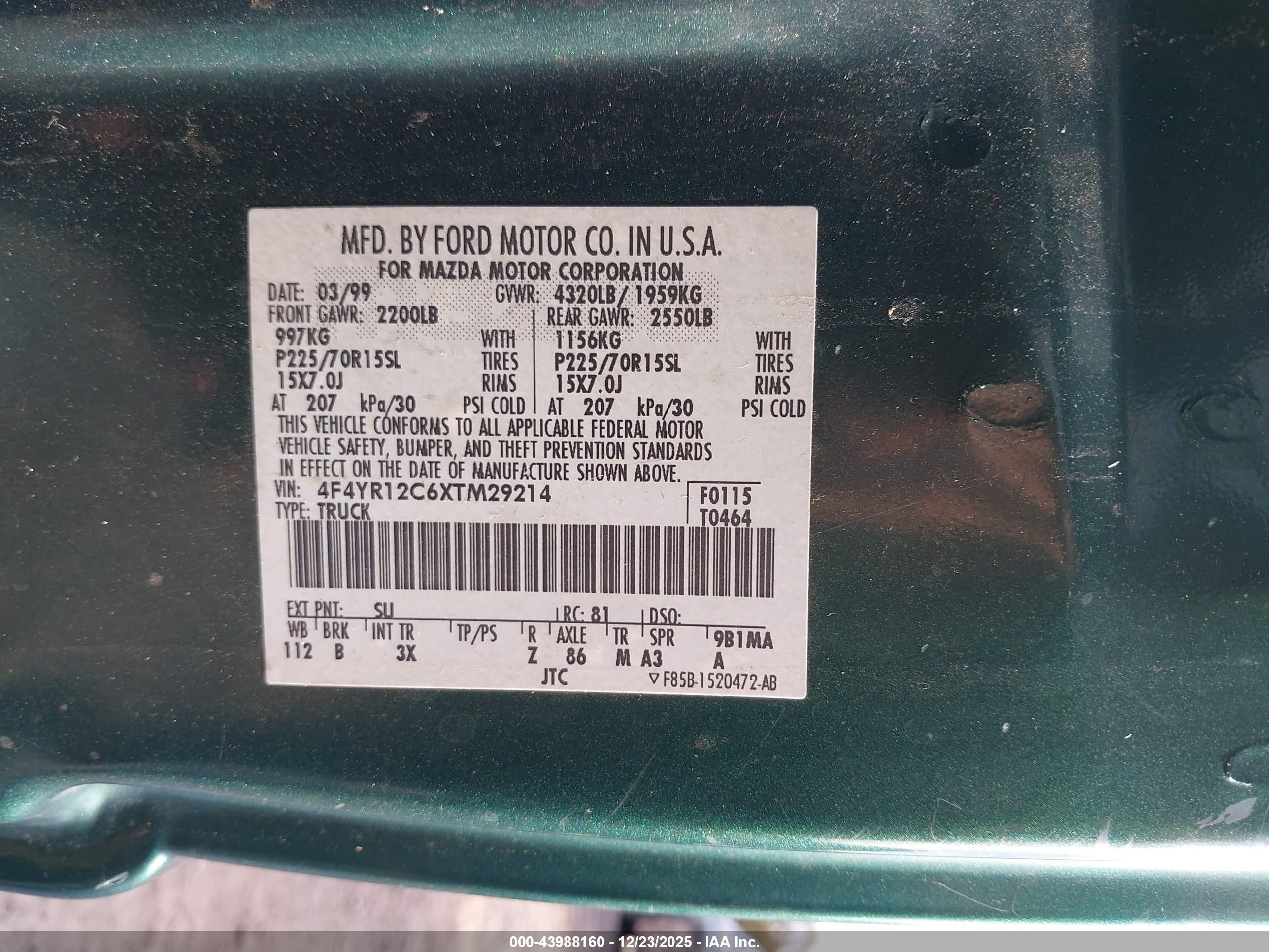 1999 Mazda B2500 Se/sx/tl Green vin: 4F4YR12C6XTM29214