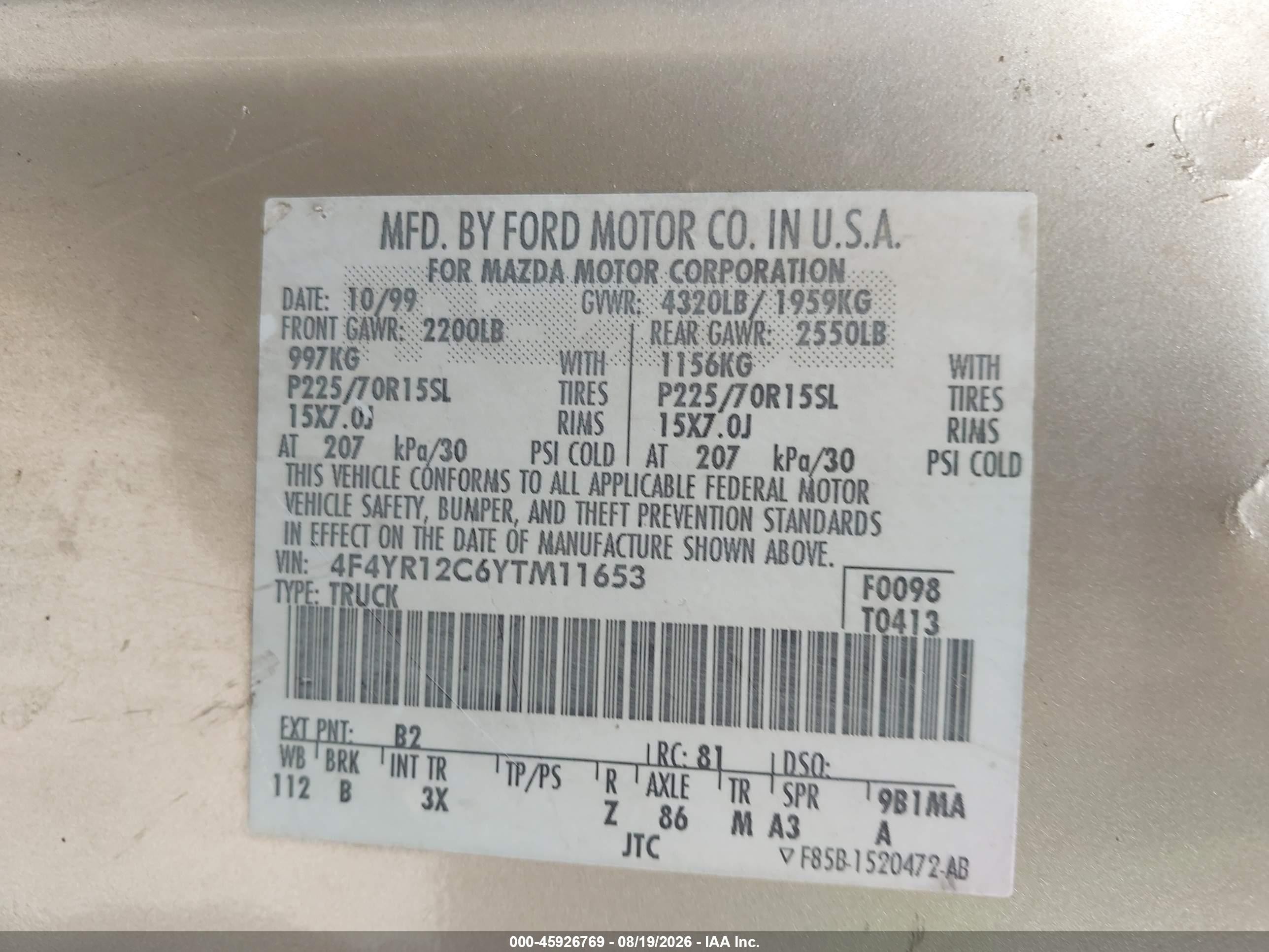 2000 Mazda B2500 Se/sx Золотой vin: 4F4YR12C6YTM11653