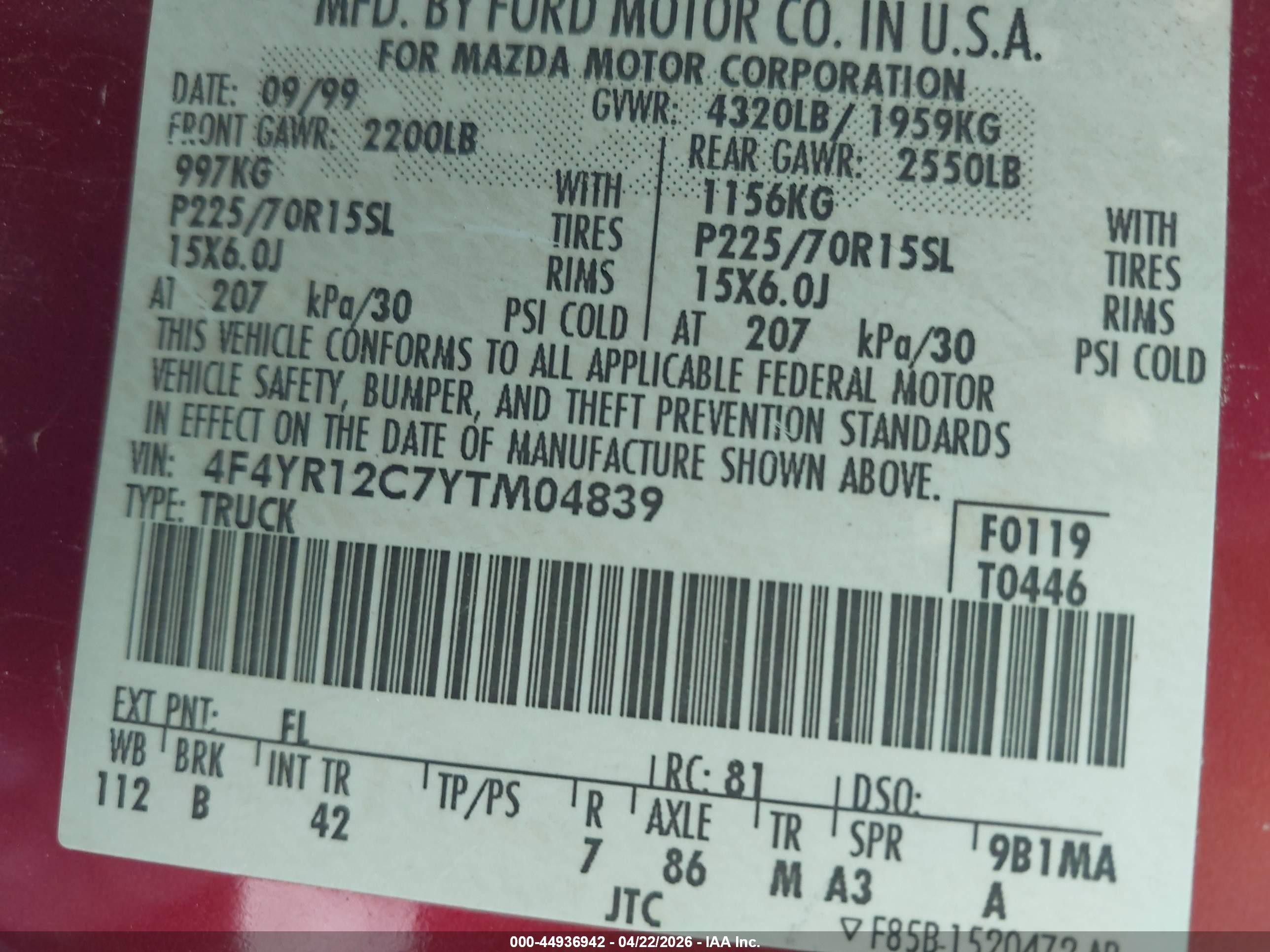 2000 Mazda B2500 Se/sx Red vin: 4F4YR12C7YTM04839