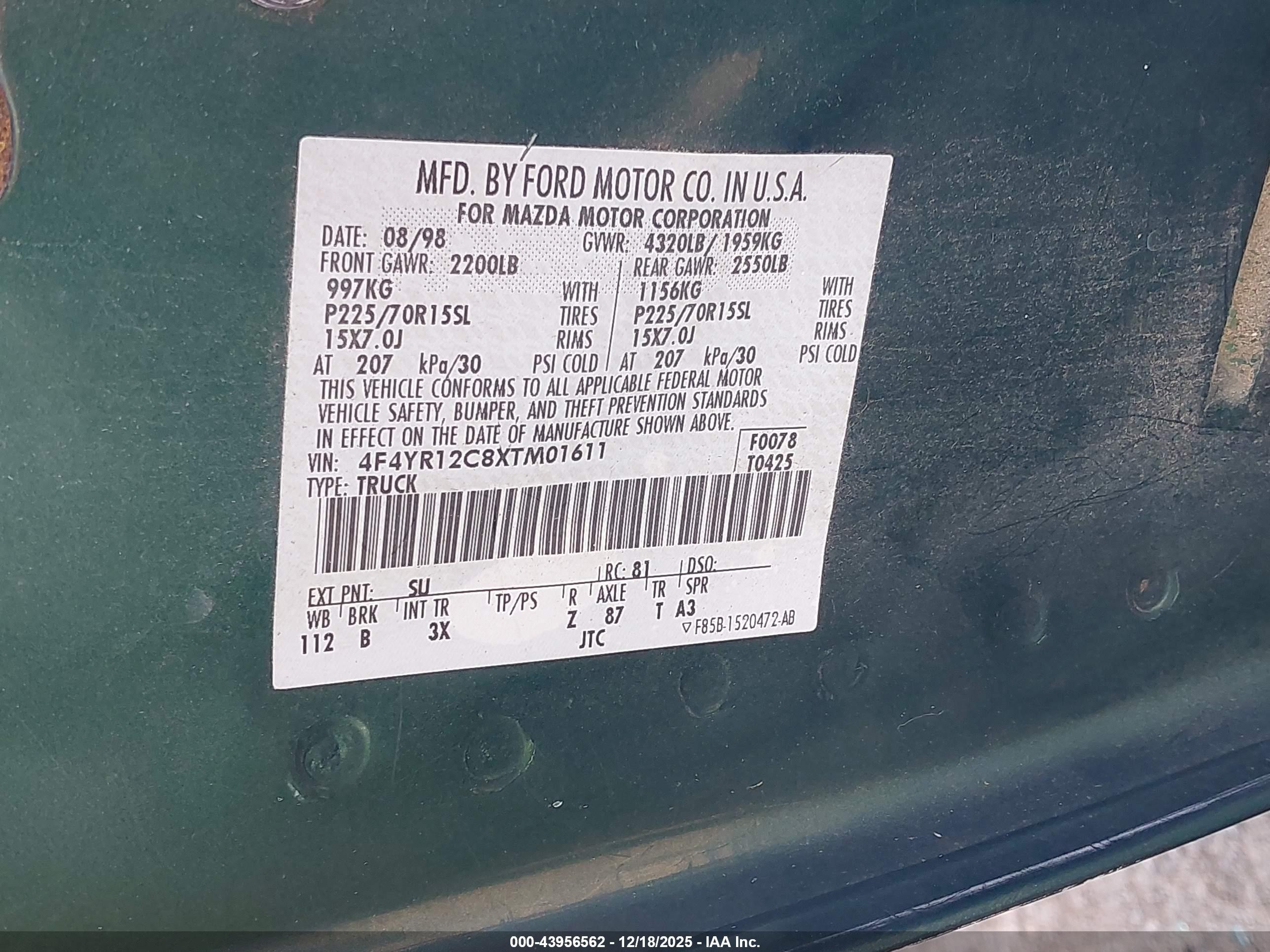 1999 Mazda B2500 Se/sx/tl Зеленый vin: 4F4YR12C8XTM01611