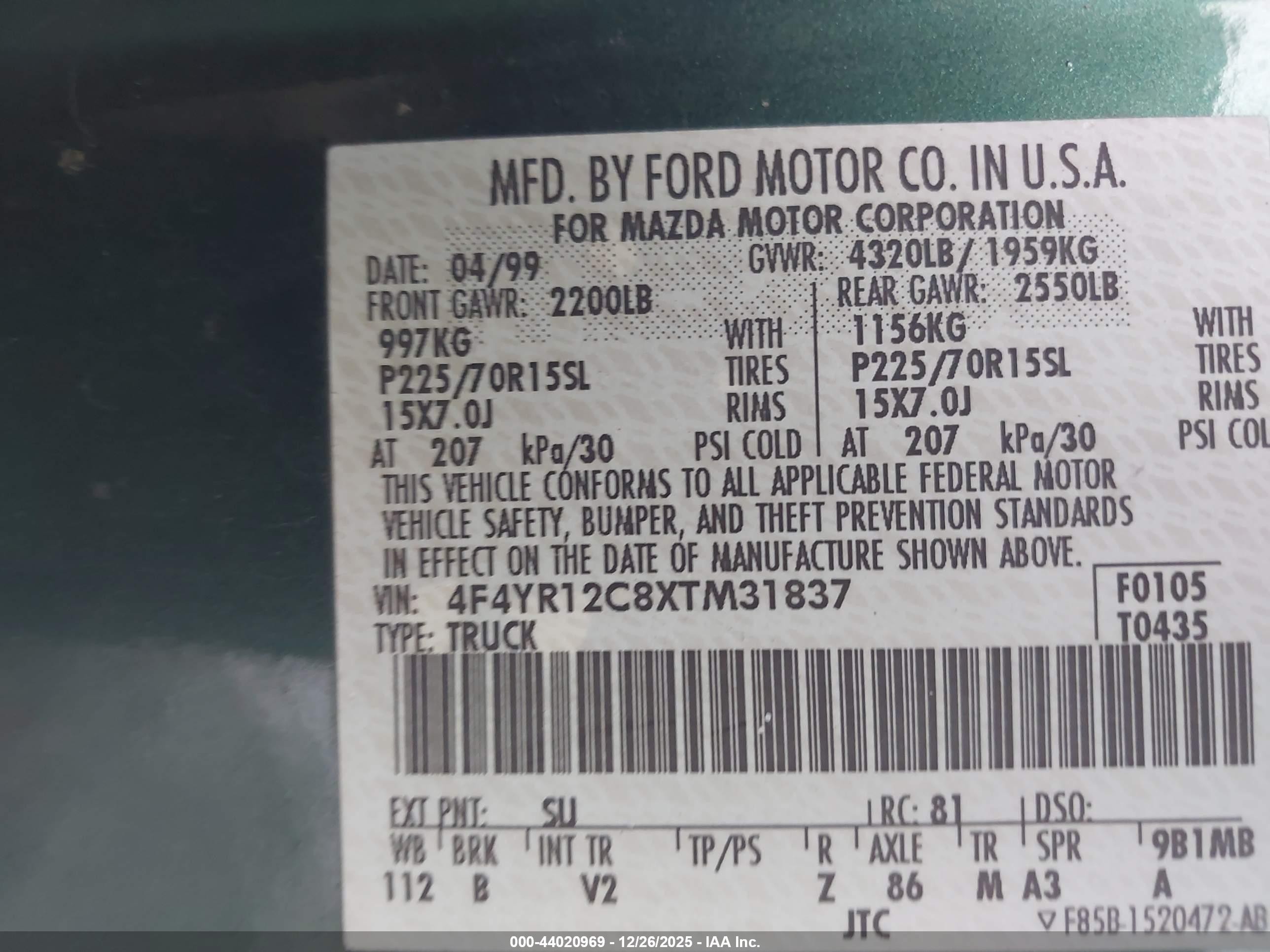 1999 Mazda B2500 Se/sx/tl Зеленый vin: 4F4YR12C8XTM31837