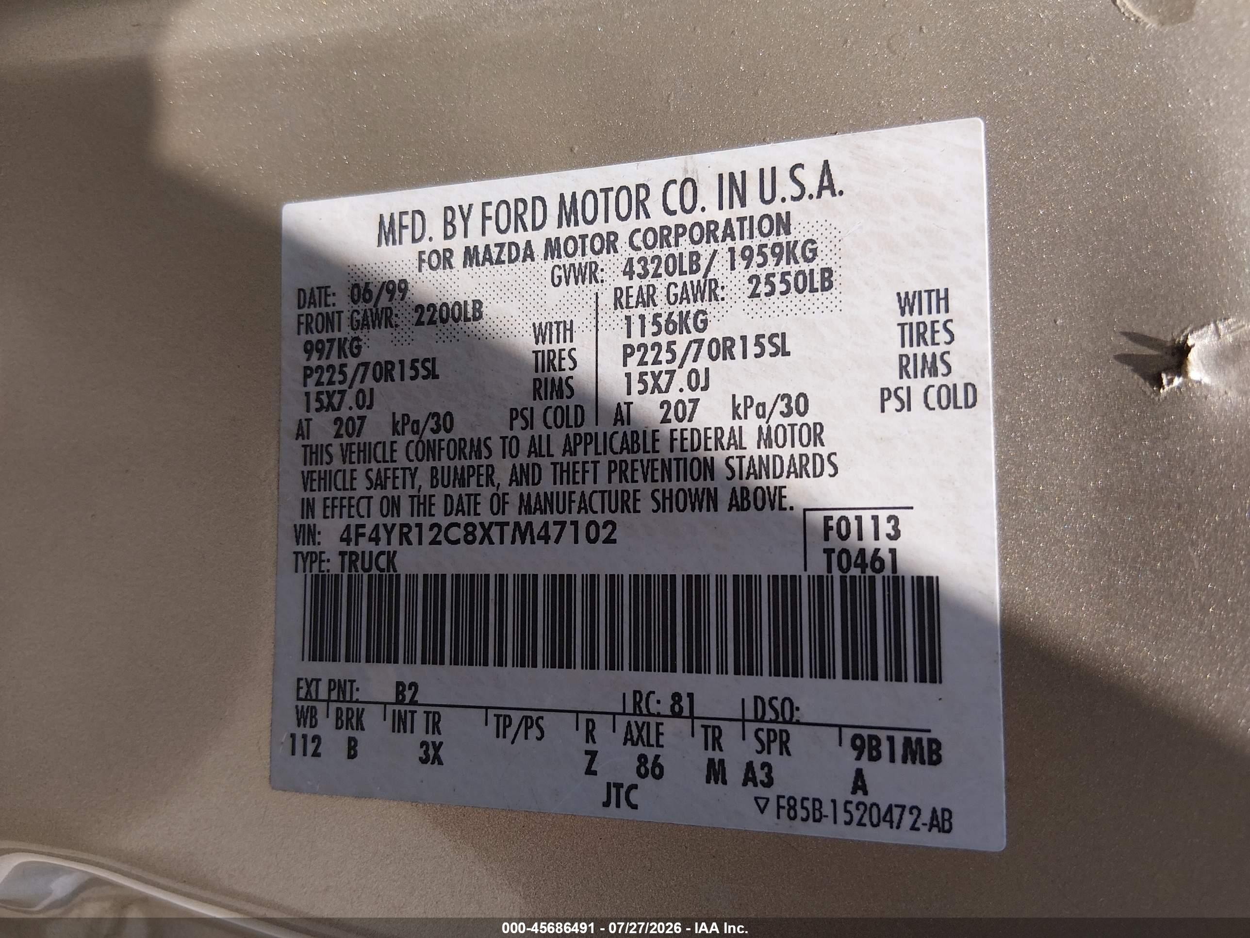 1999 Mazda B2500 Se/sx/tl Gold vin: 4F4YR12C8XTM47102