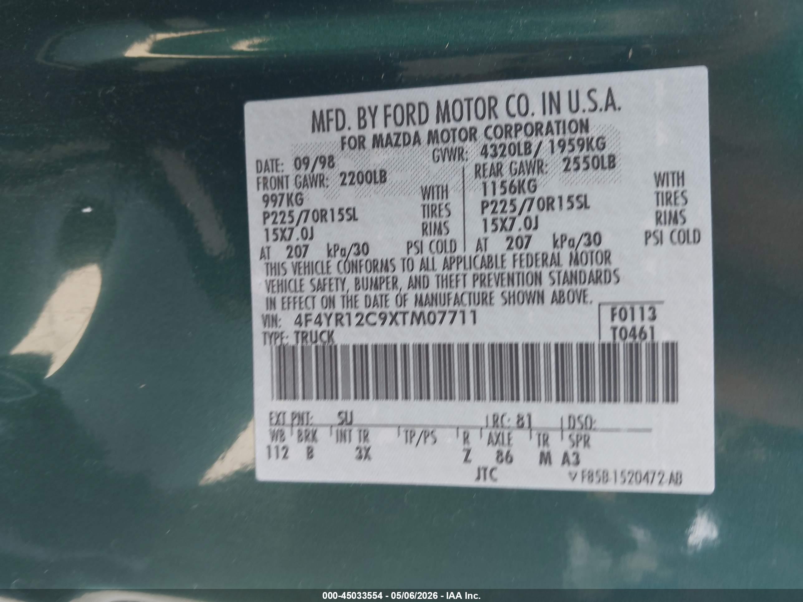 1999 Mazda B2500 Se/sx/tl Green vin: 4F4YR12C9XTM07711