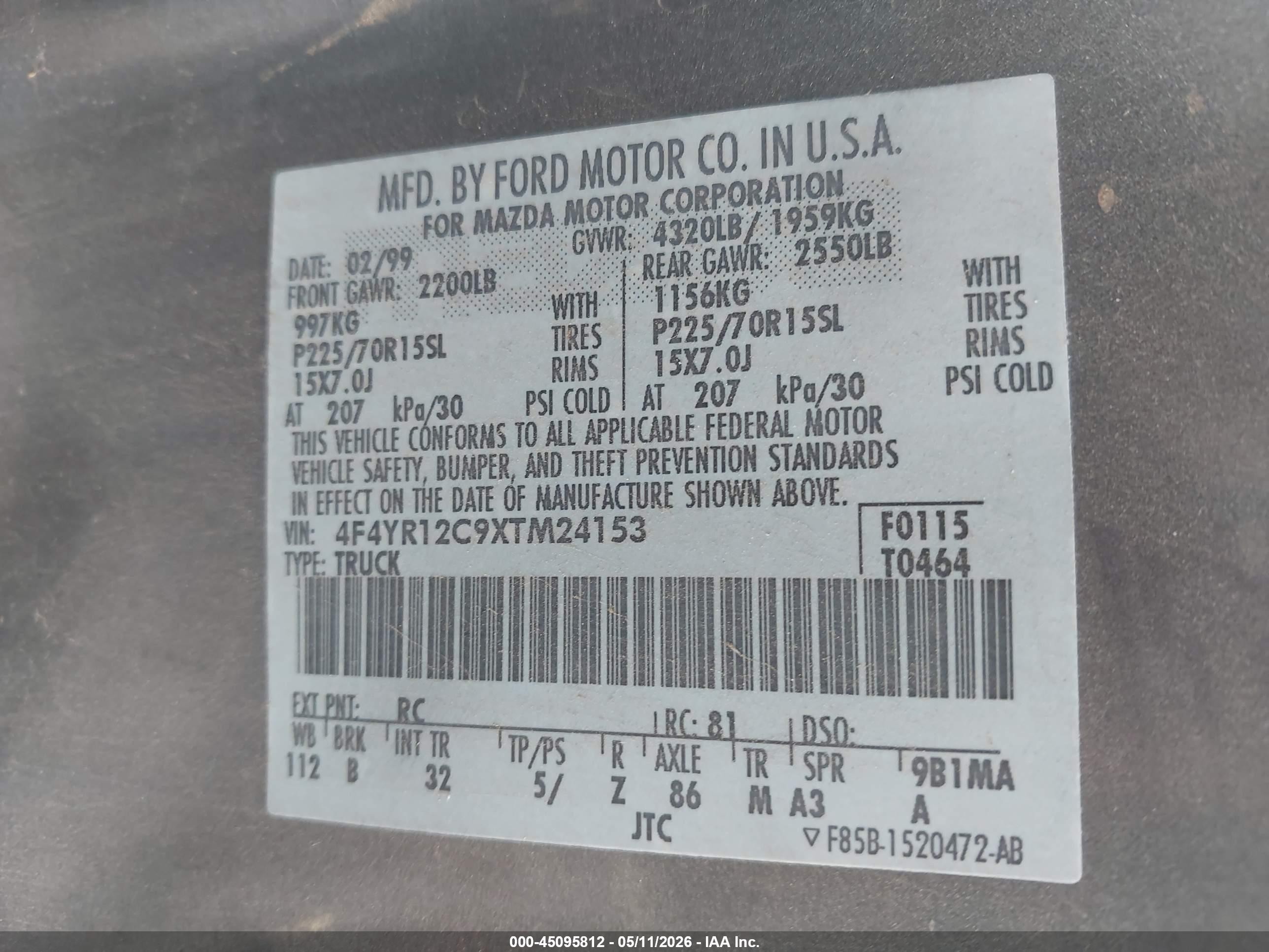 1999 Mazda B2500 Se/sx/tl Gray vin: 4F4YR12C9XTM24153