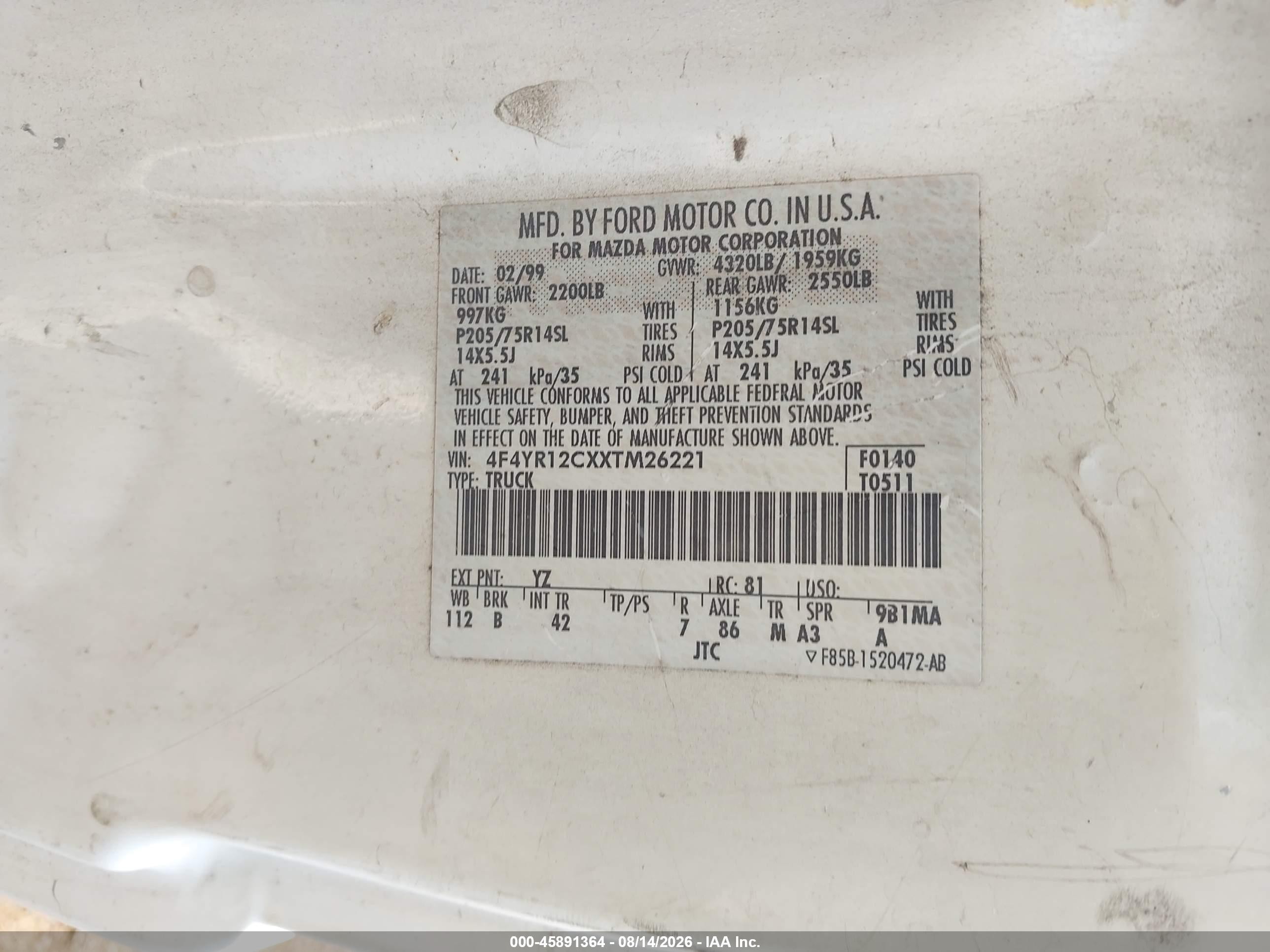 1999 Mazda B2500   White vin: 4F4YR12CXXTM26221