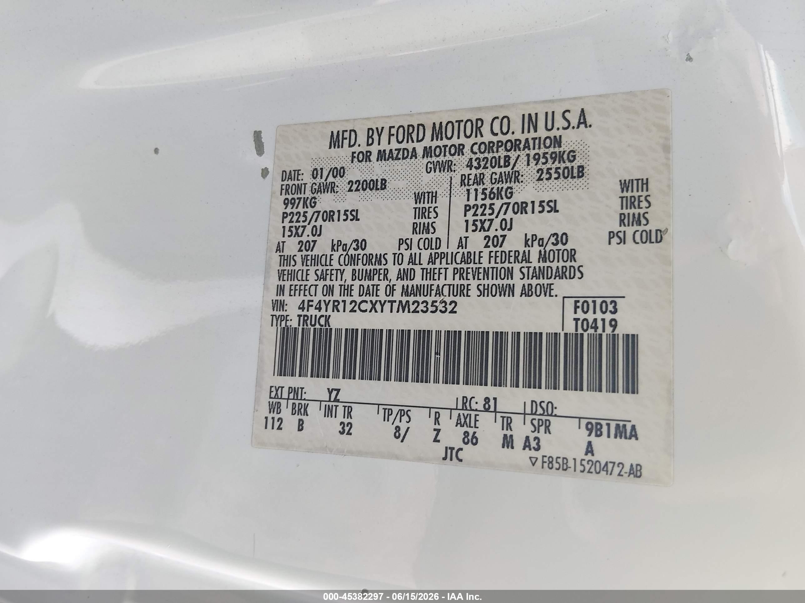 2000 Mazda B2500 Se/sx White vin: 4F4YR12CXYTM23532