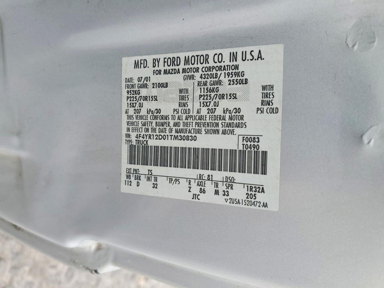 2001 Mazda B2300 Silver vin: 4F4YR12D01TM30830