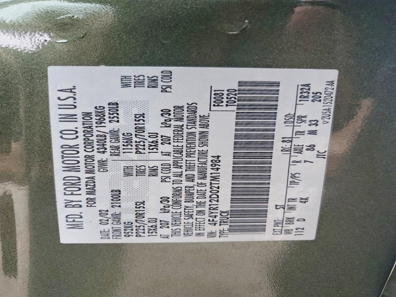 2002 Mazda B2300 Green vin: 4F4YR12D02TM14984