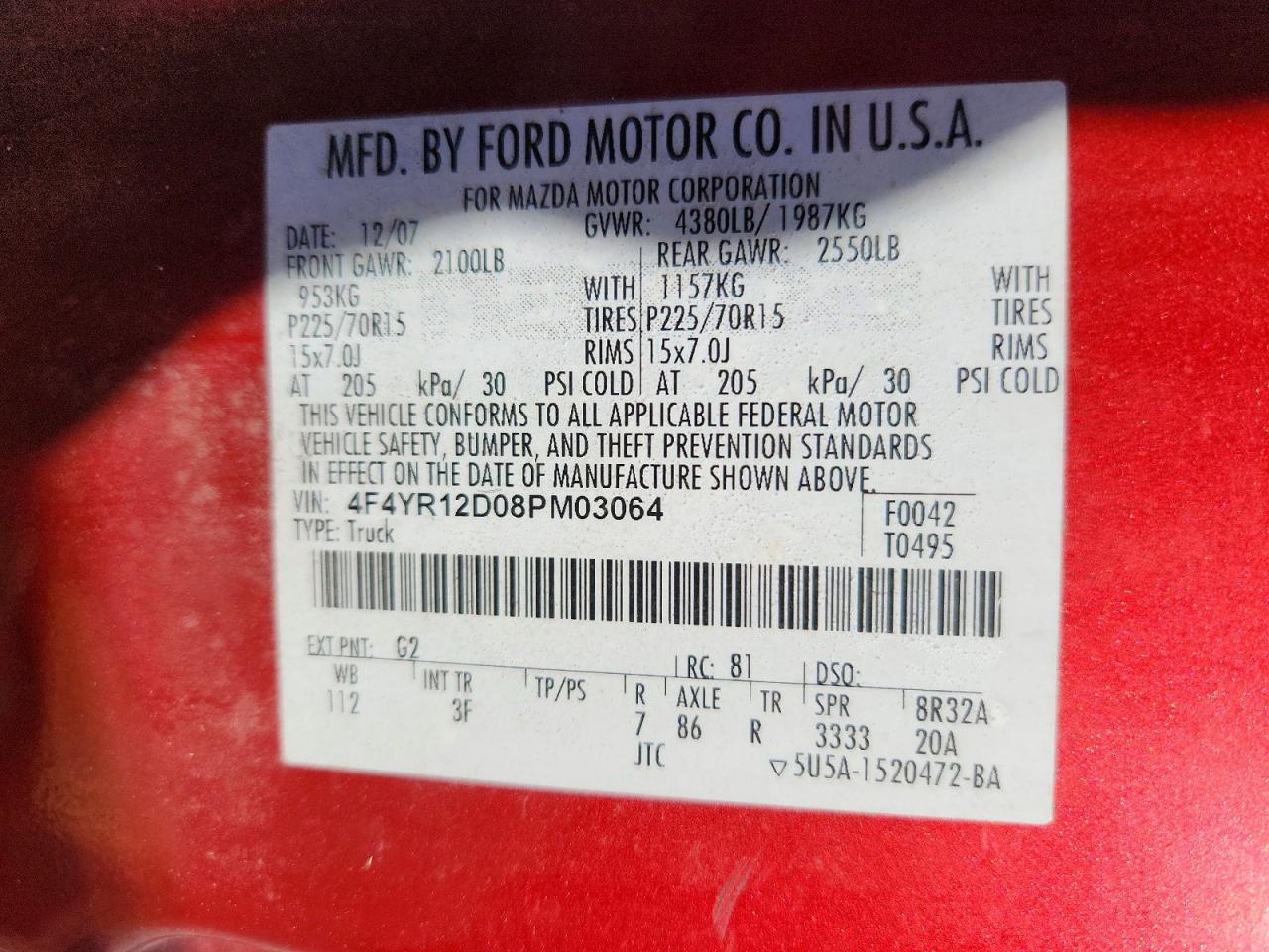 2008 Mazda B2300 Red vin: 4F4YR12D08PM03064