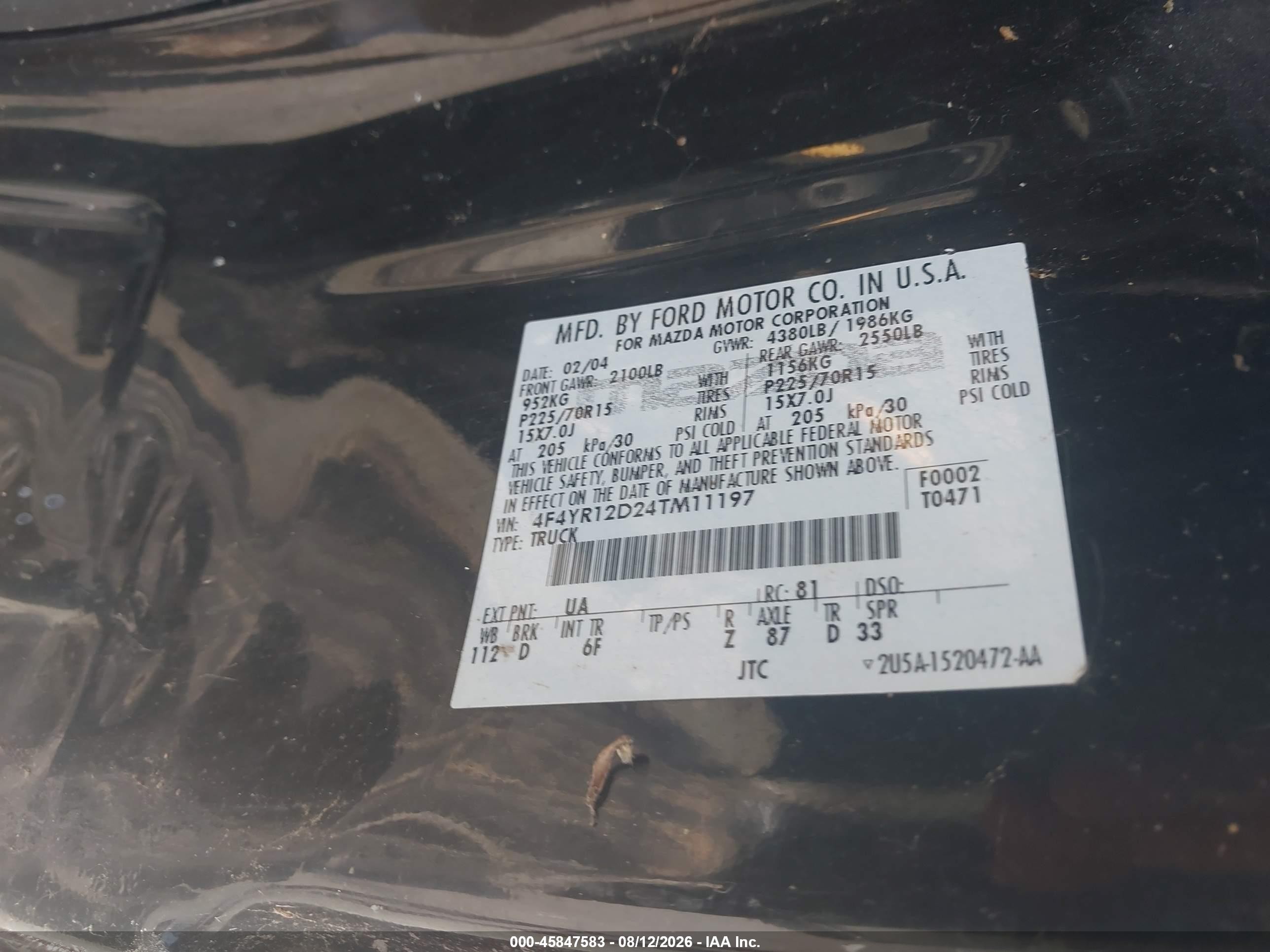 2004 Mazda B2300   Black vin: 4F4YR12D24TM11197