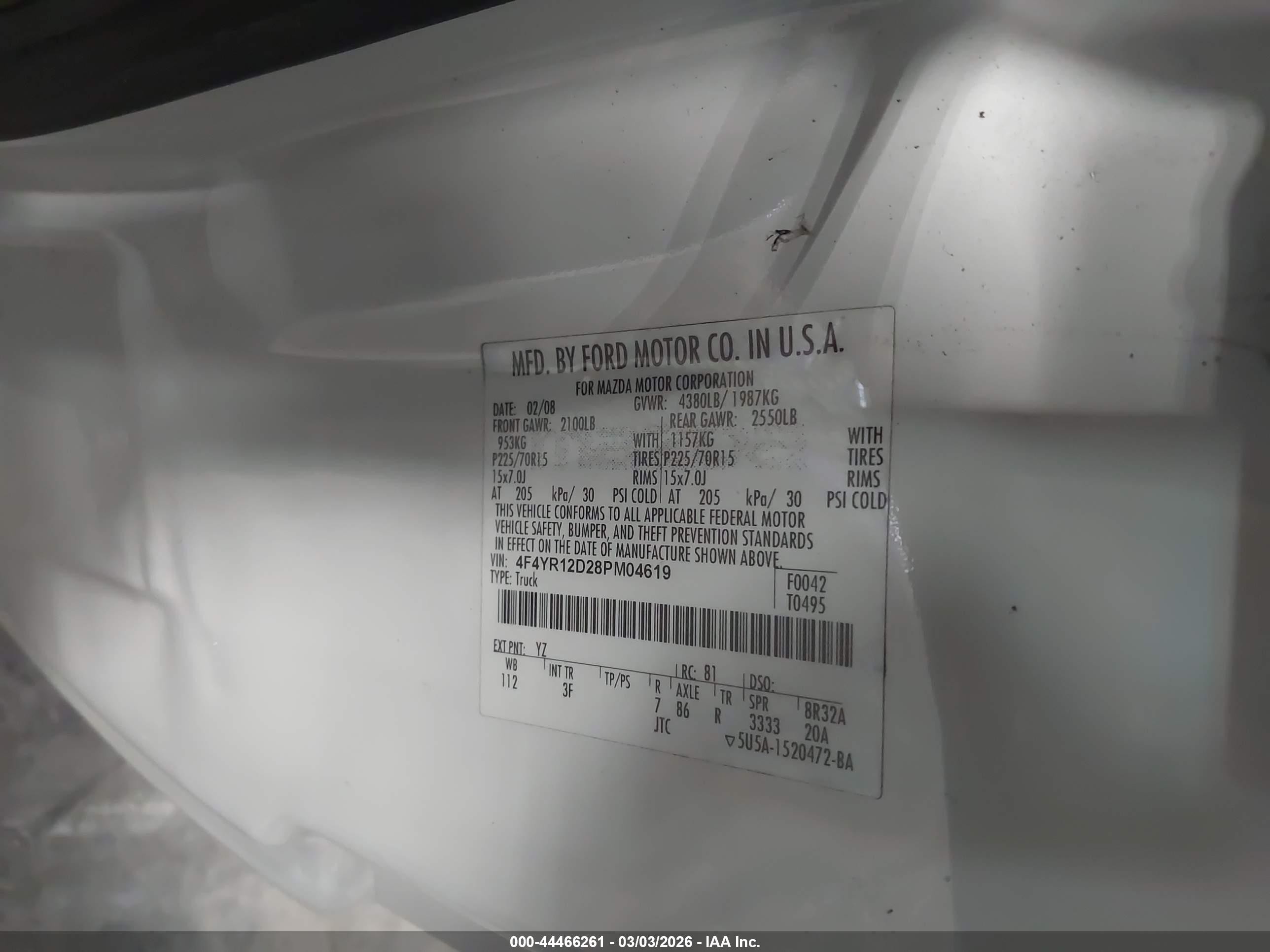 2008 Mazda B2300   Белый vin: 4F4YR12D28PM04619