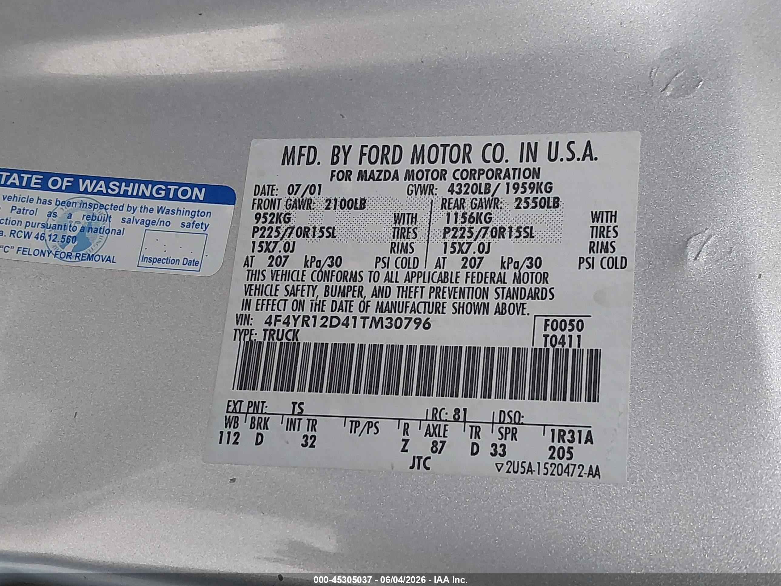 2001 Mazda B2300 Se/sx Silver vin: 4F4YR12D41TM30796