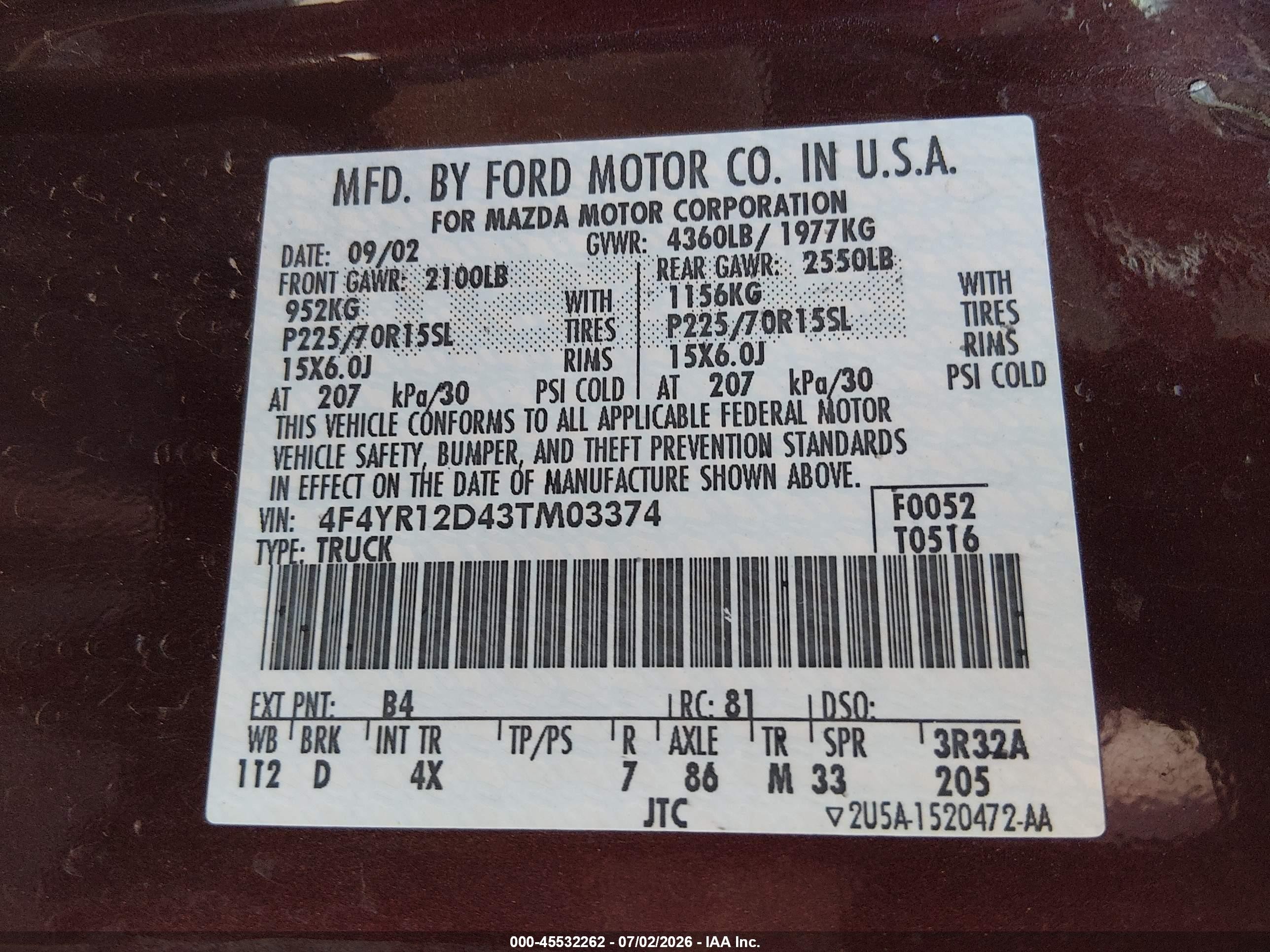 2003 Mazda B2300   Burgundy vin: 4F4YR12D43TM03374