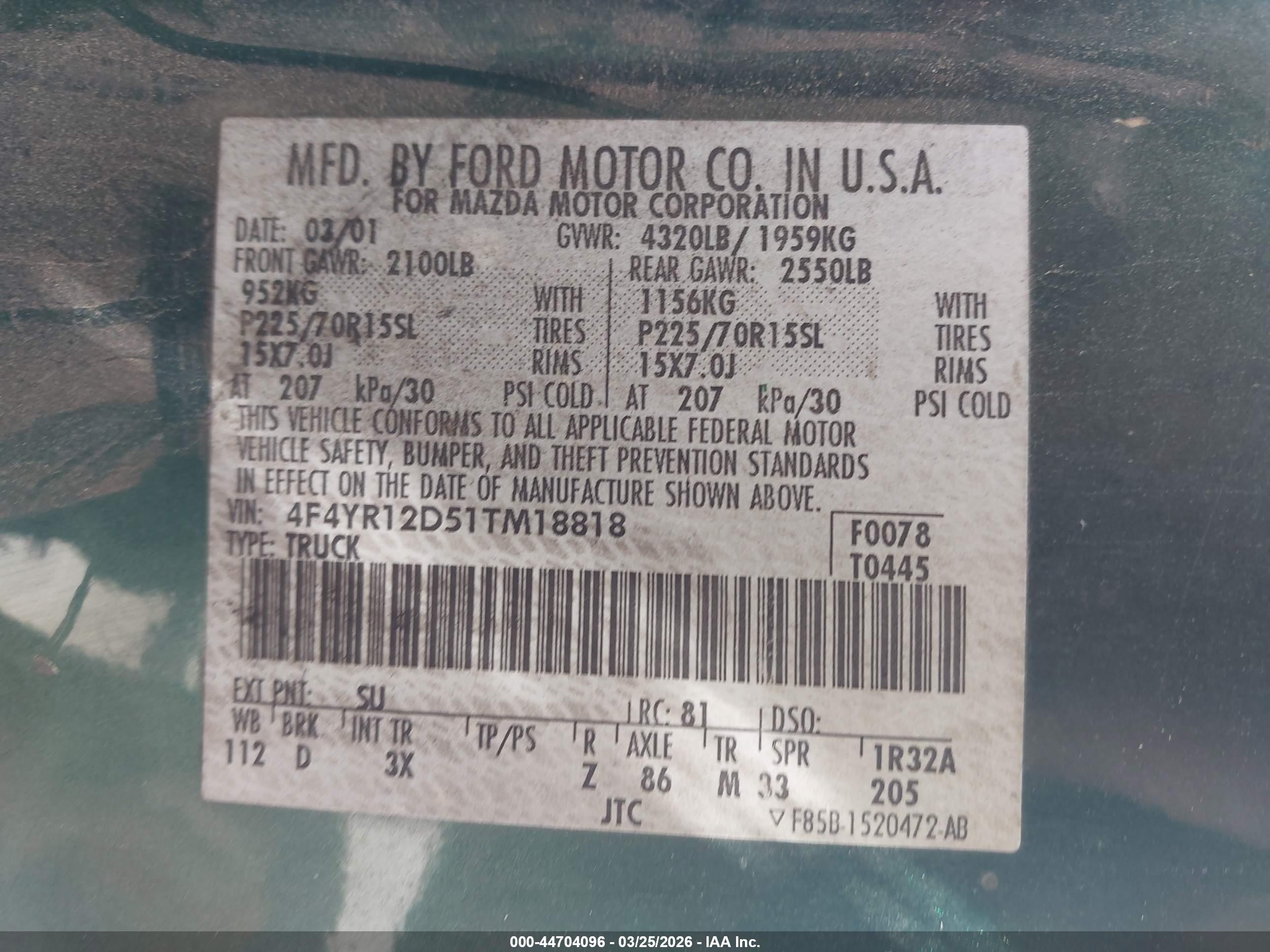 2001 Mazda B2300 Se/sx Green vin: 4F4YR12D51TM18818