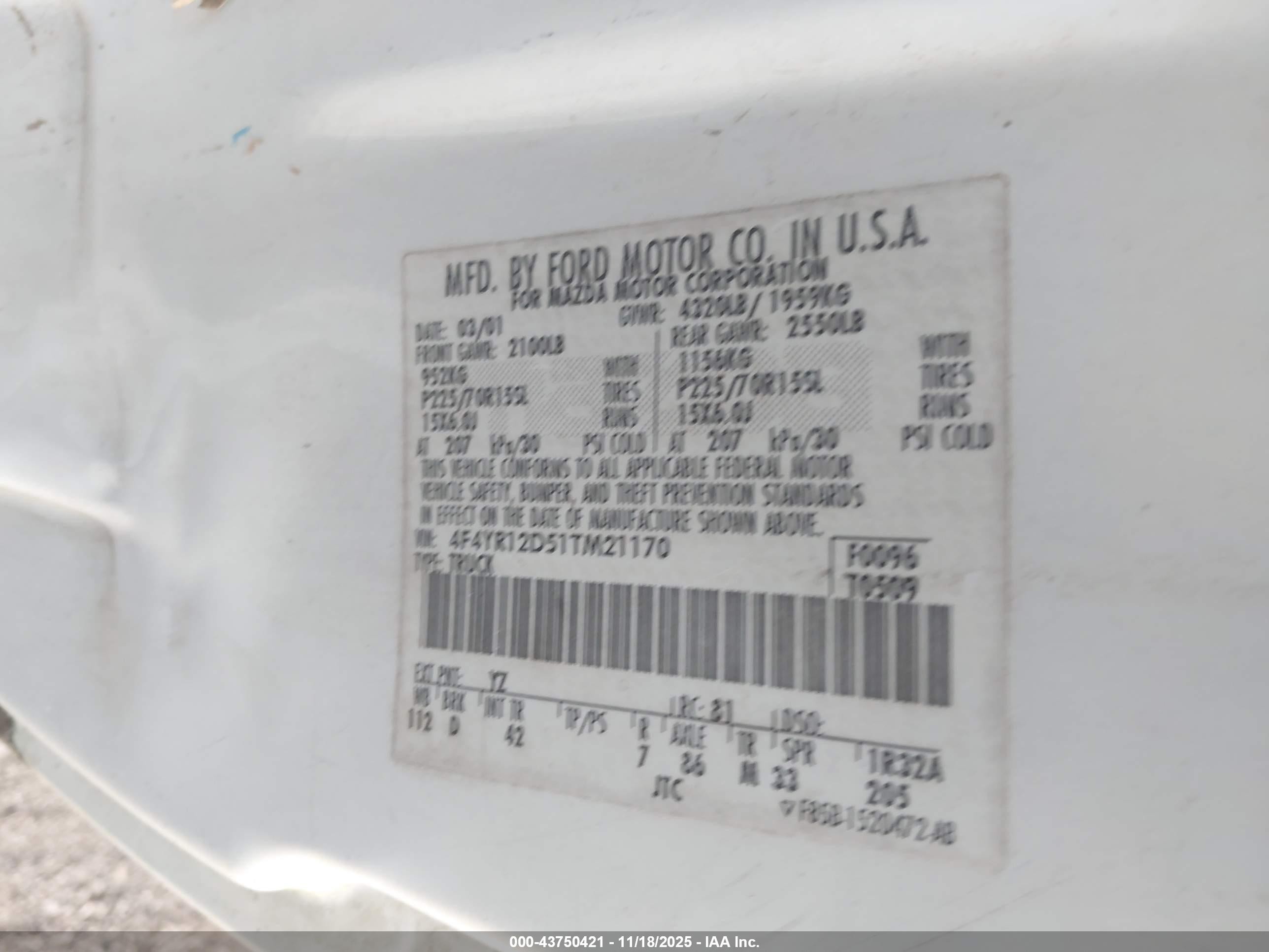 2001 Mazda B2300 Se/sx White vin: 4F4YR12D51TM21170