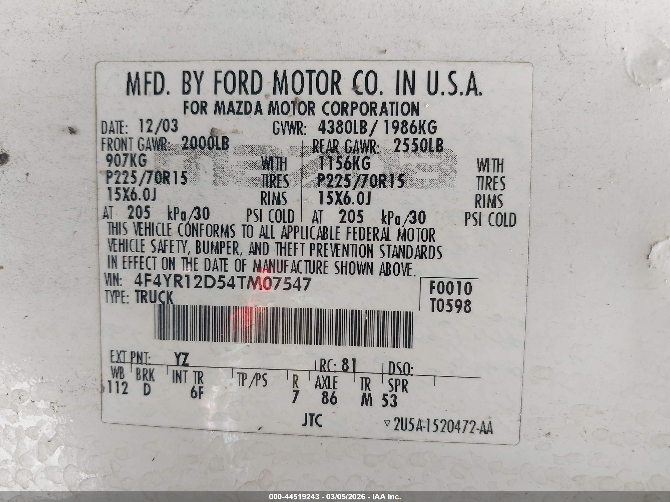 2004 Mazda B2300   White vin: 4F4YR12D54TM07547