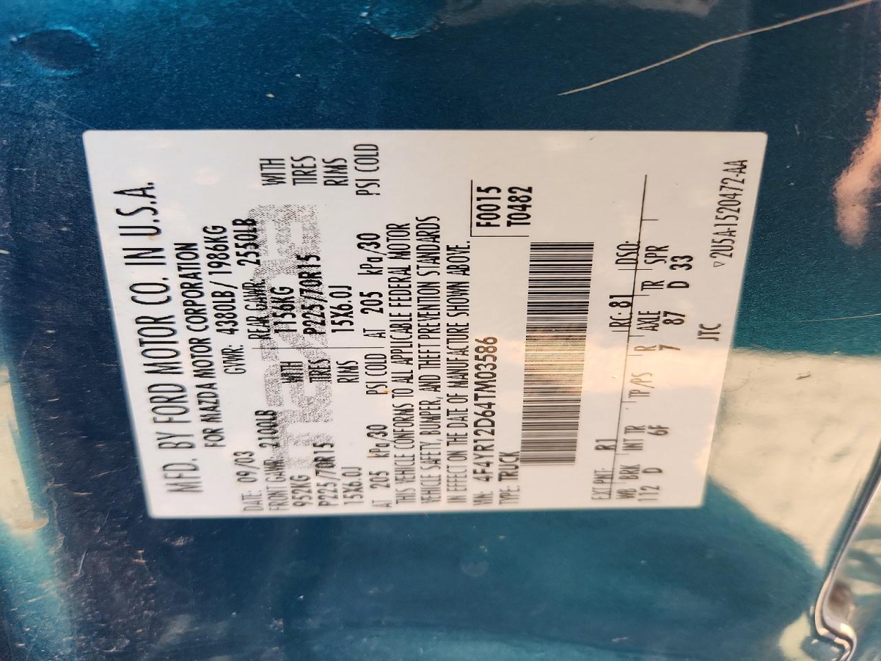 2004 Mazda B2300 Turquoise vin: 4F4YR12D64TM03586