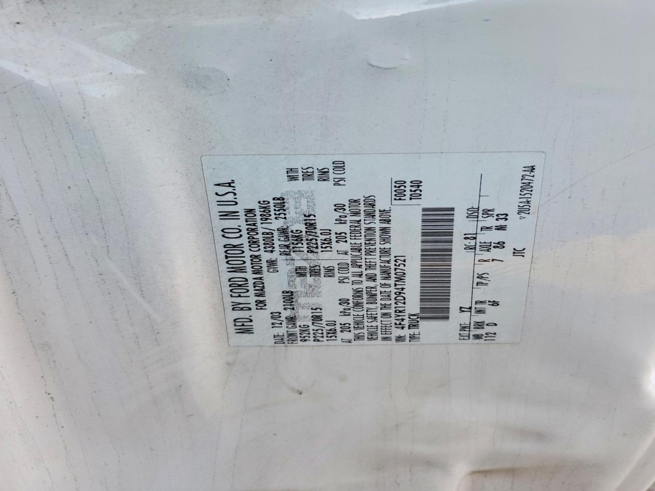 2004 Mazda B2300 White vin: 4F4YR12D94TM07521