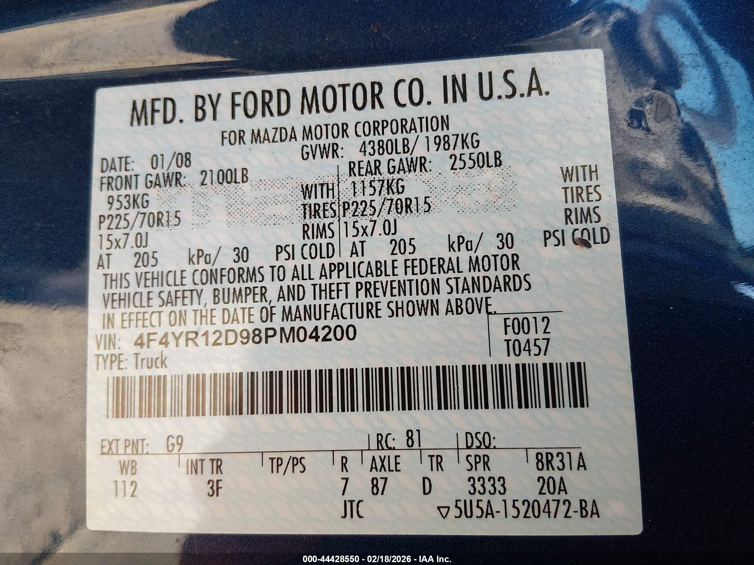 2008 Mazda B2300   Blue vin: 4F4YR12D98PM04200