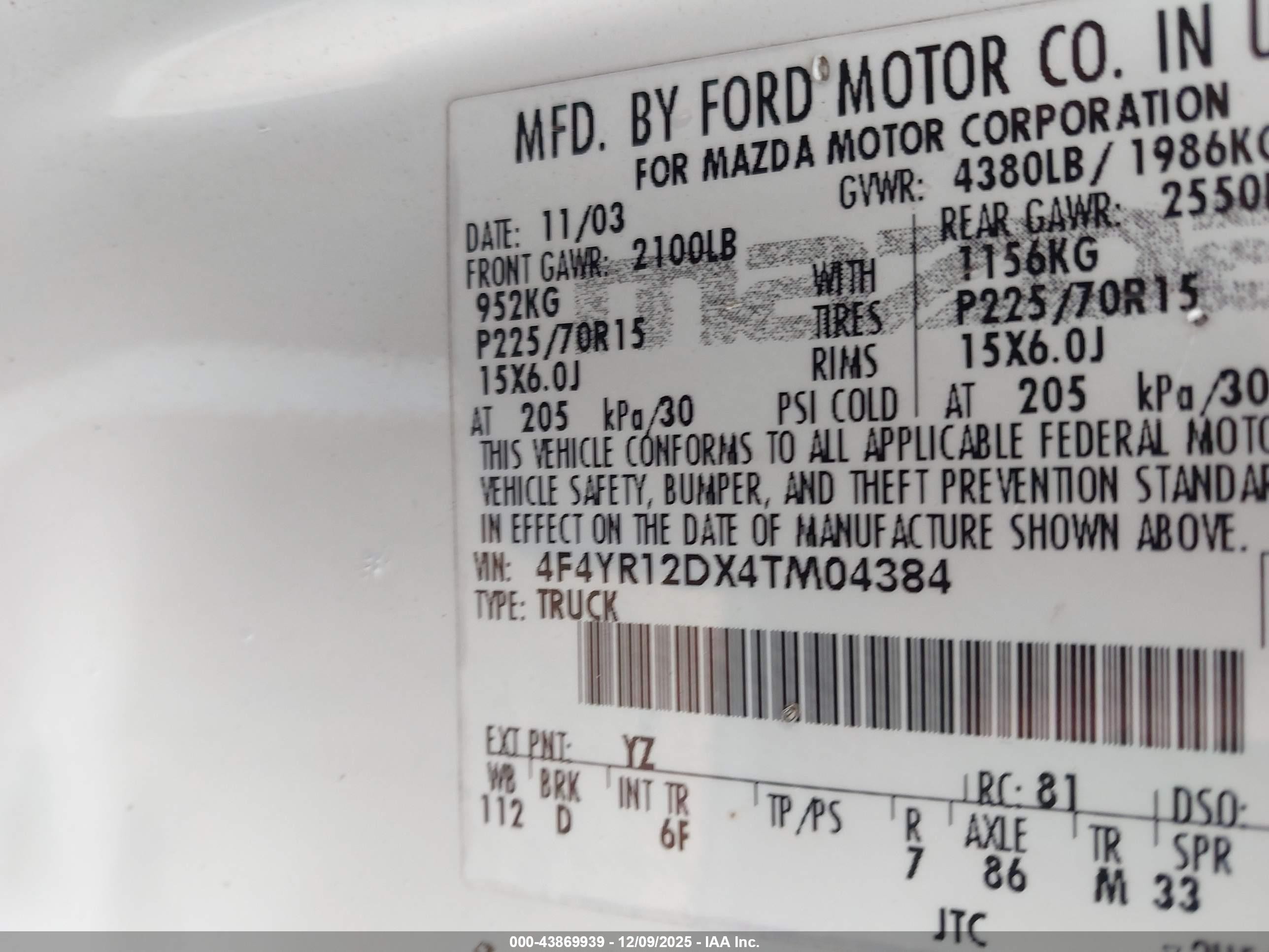 2004 Mazda B2300   White vin: 4F4YR12DX4TM04384