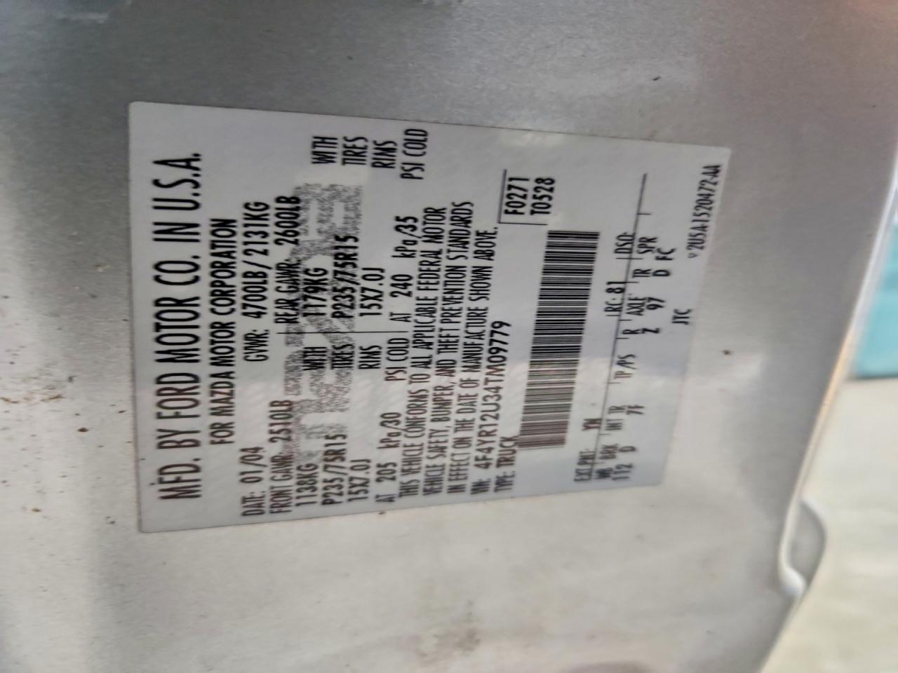 2004 Mazda B3000 Silver vin: 4F4YR12U34TM09779