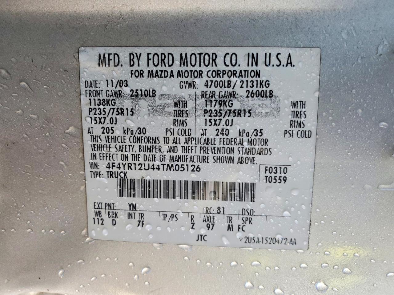 2004 Mazda B3000 Silver vin: 4F4YR12U44TM05126