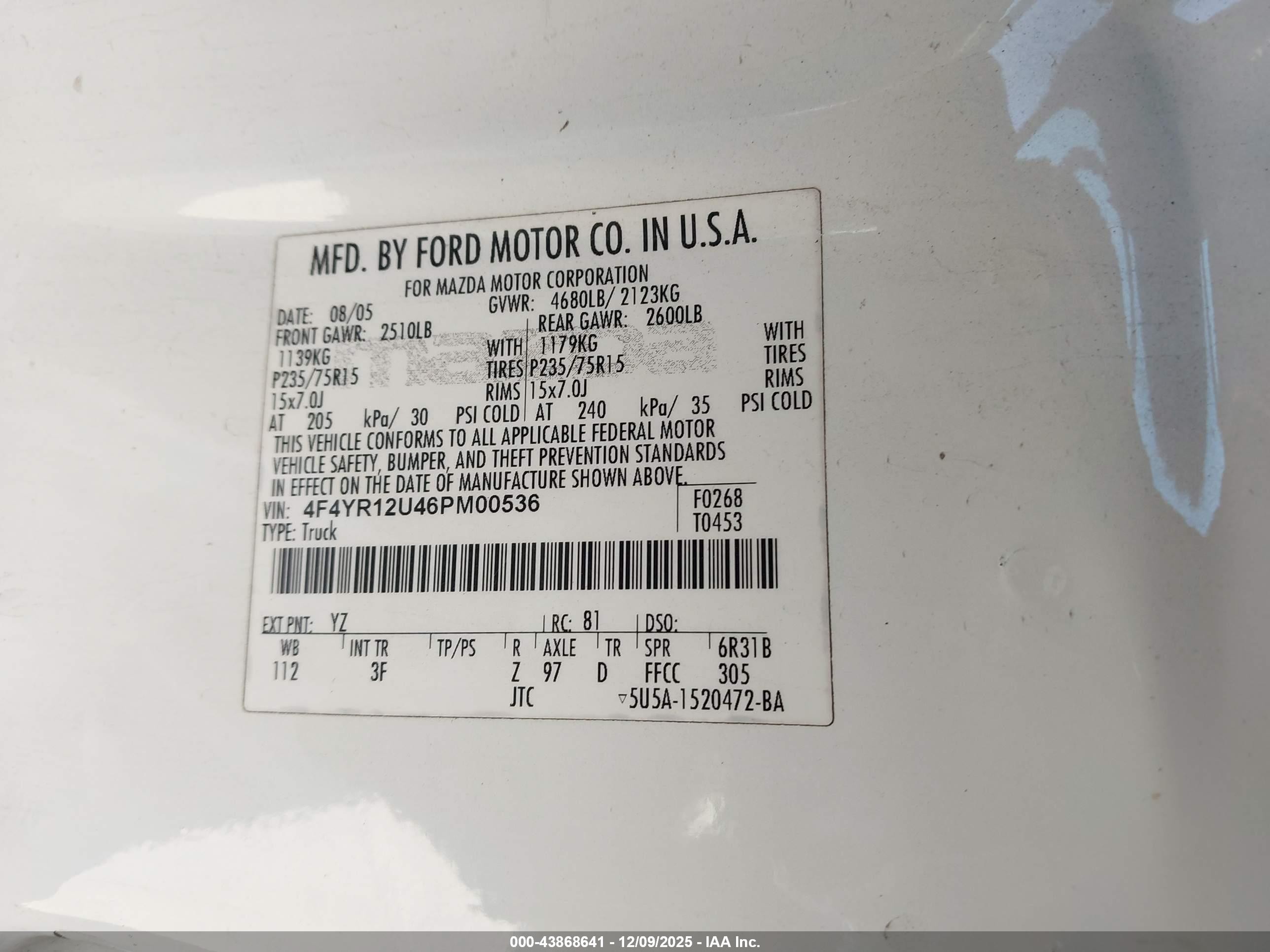 2006 Mazda B3000 Ds White vin: 4F4YR12U46PM00536