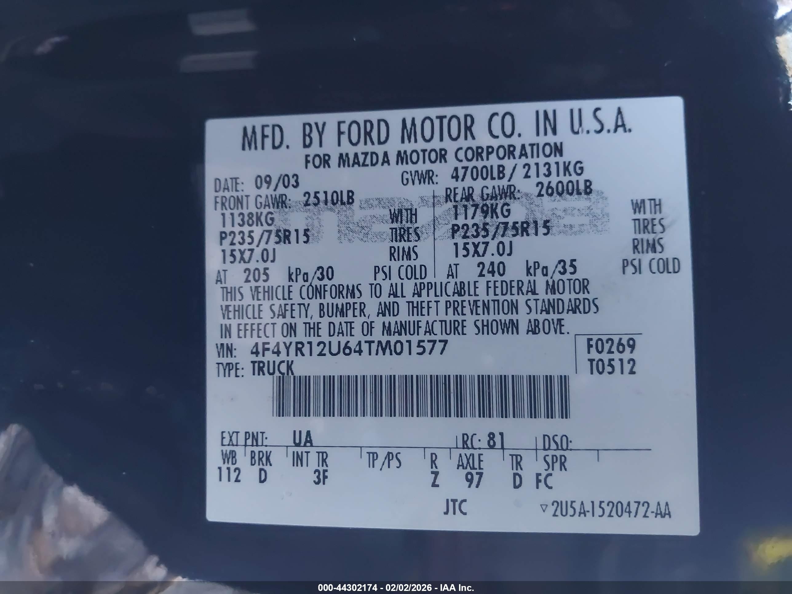 2004 Mazda B3000 Ds Черный vin: 4F4YR12U64TM01577