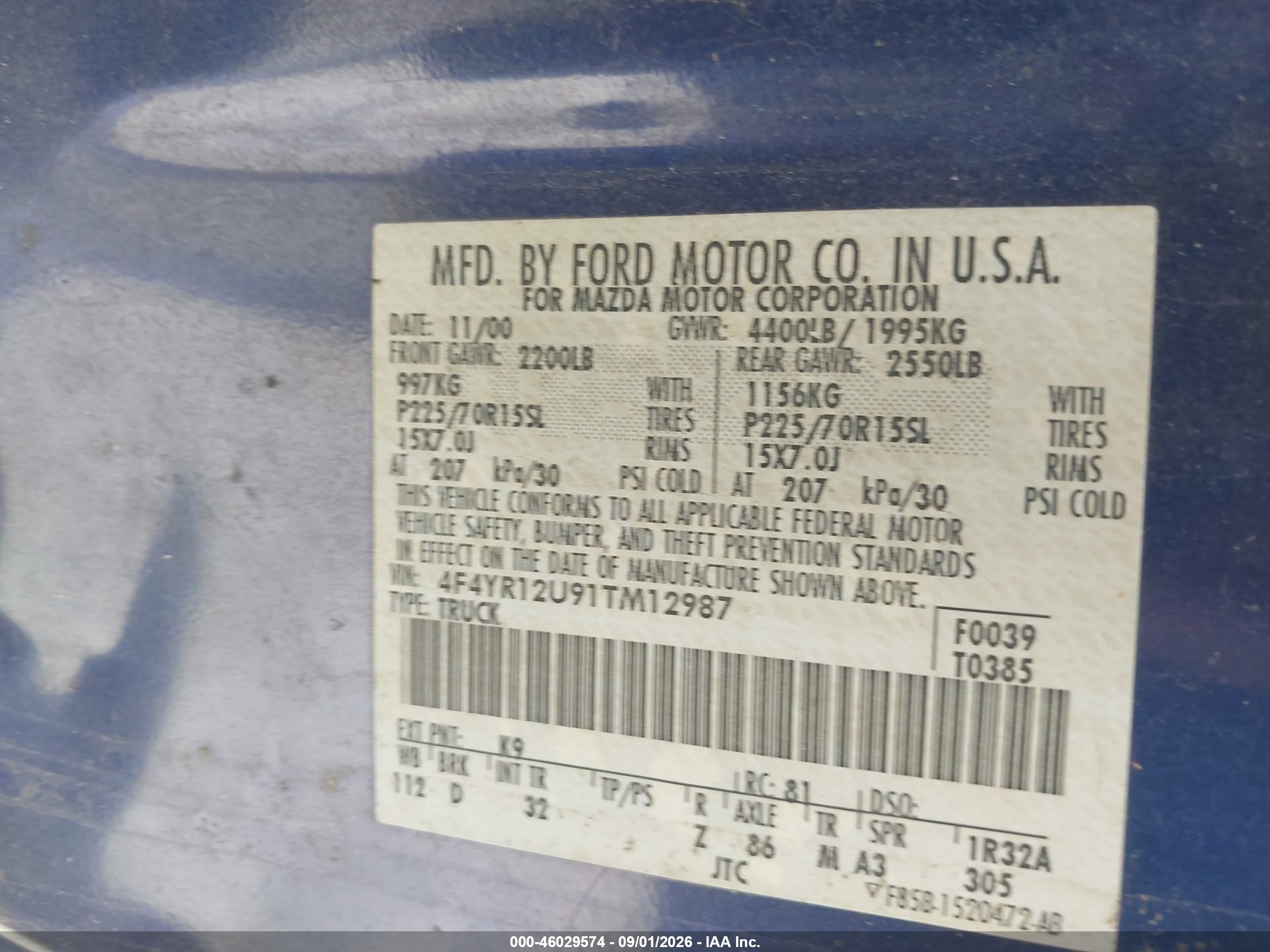 2001 Mazda B3000 Ds/se Purple vin: 4F4YR12U91TM12987