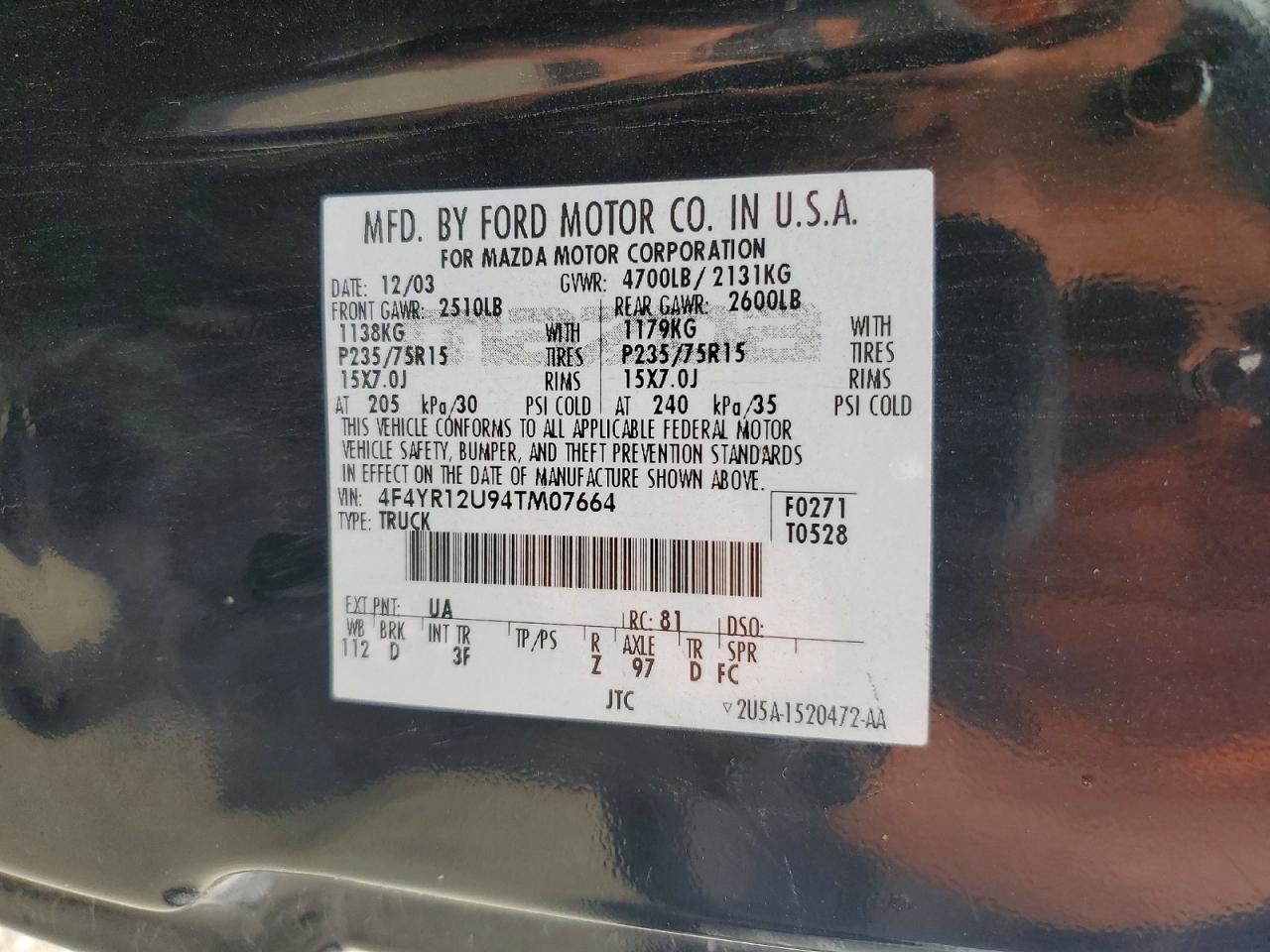 2004 Mazda B3000 Black vin: 4F4YR12U94TM07664