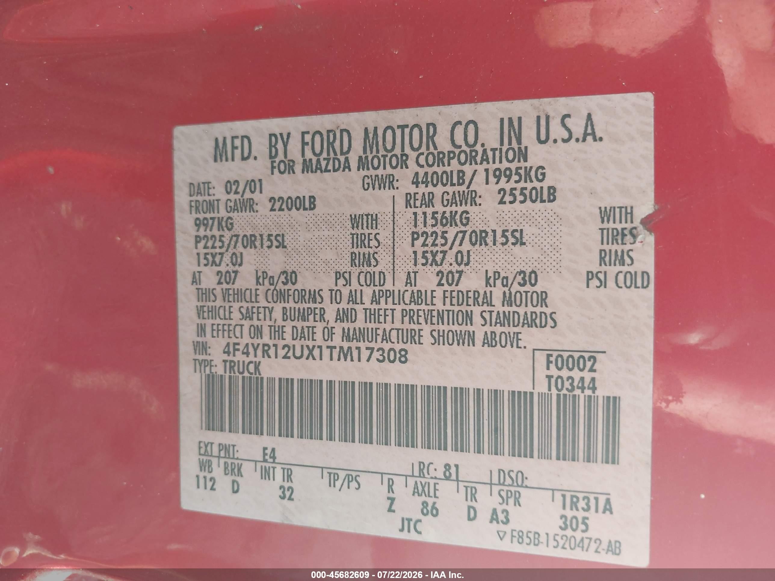 2001 Mazda B3000 Ds/se Red vin: 4F4YR12UX1TM17308