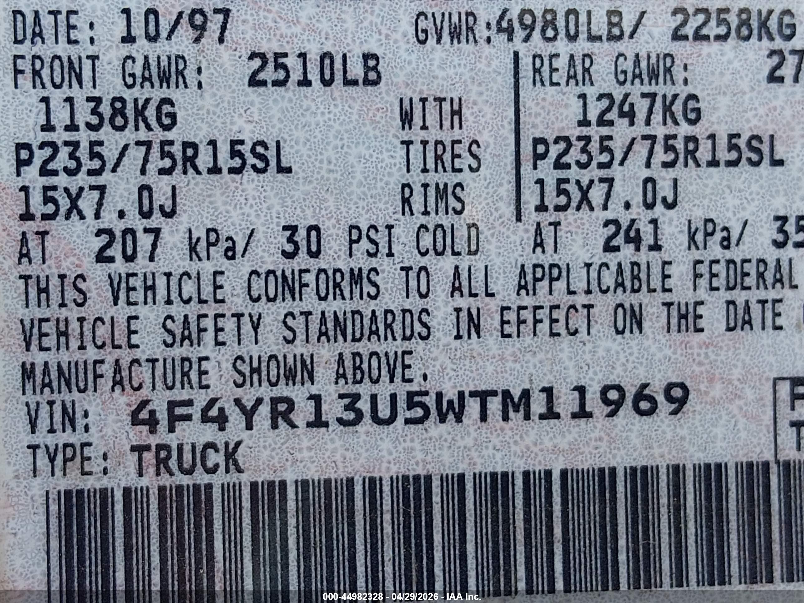 1998 Mazda B3000 Se/sx Красный vin: 4F4YR13U5WTM11969