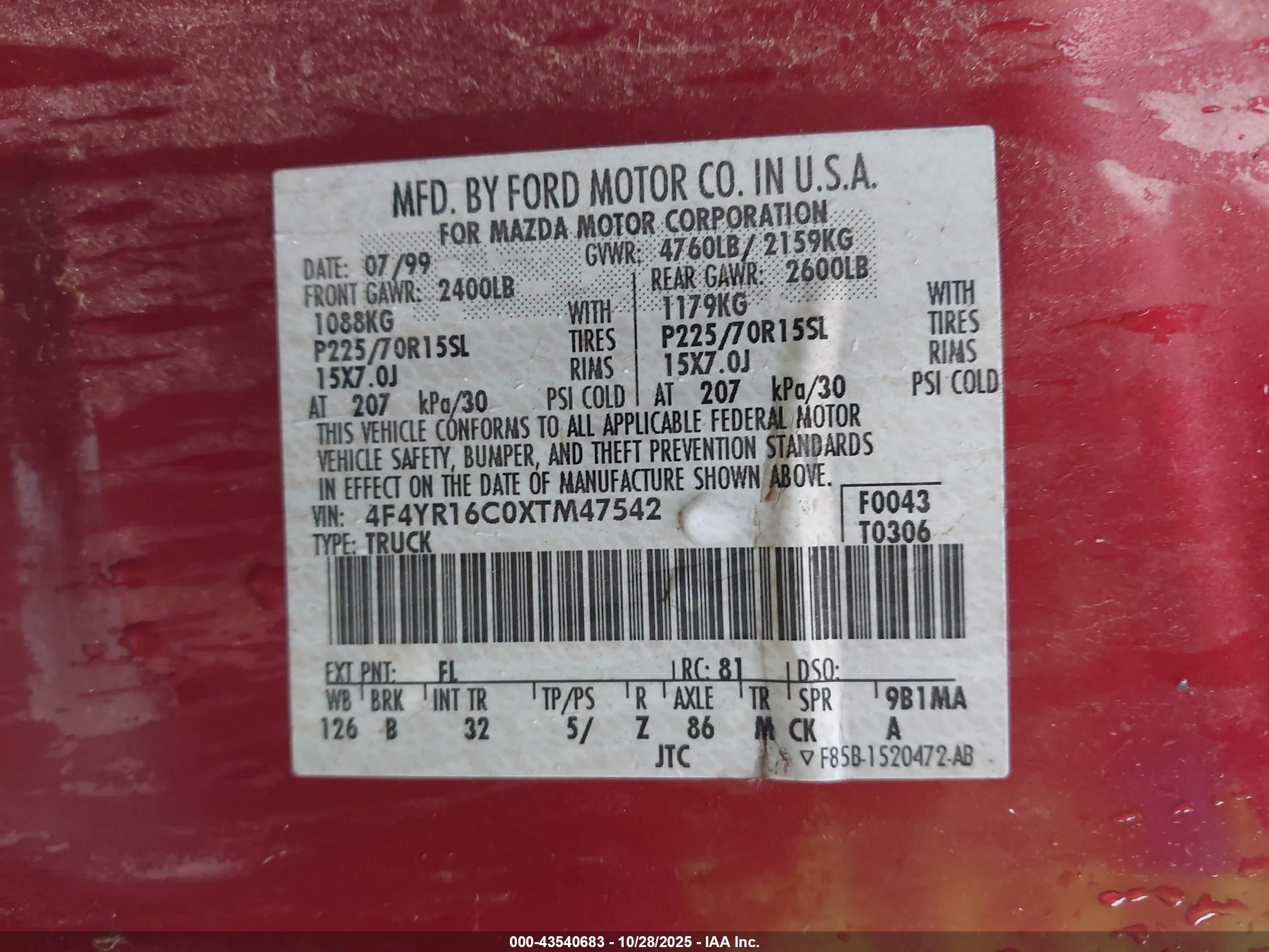 1999 Mazda B2500 Se Maroon vin: 4F4YR16C0XTM47542