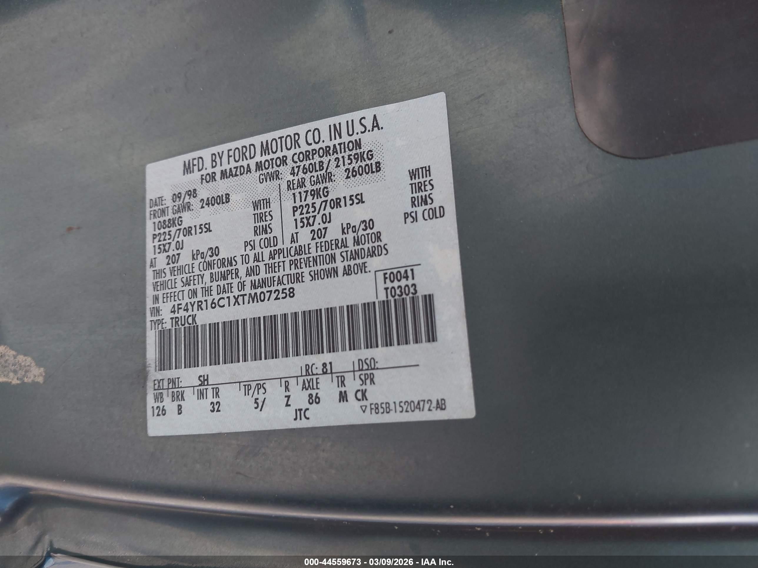 1999 Mazda B2500 Se Green vin: 4F4YR16C1XTM07258