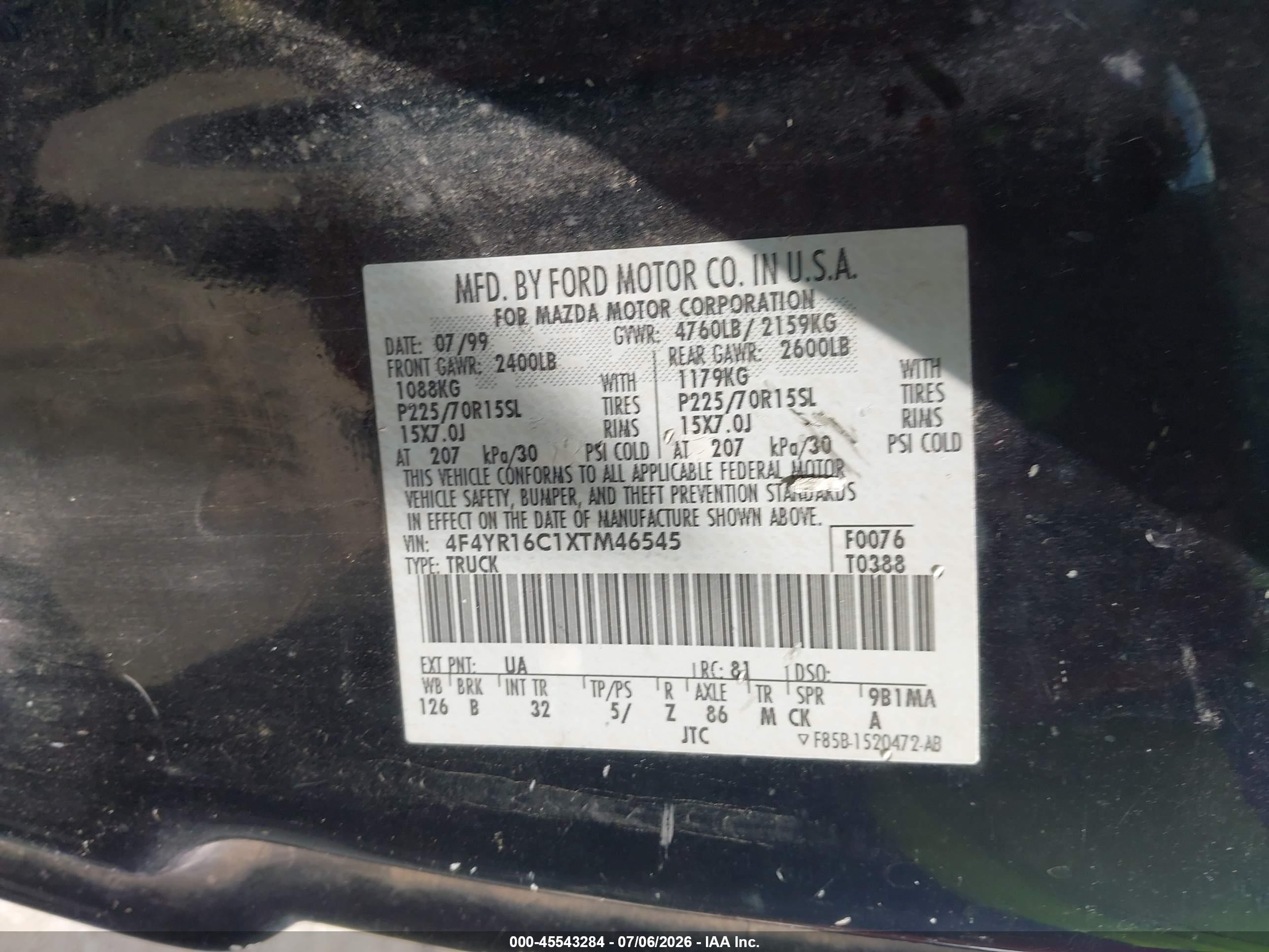 1999 Mazda B2500 Se Black vin: 4F4YR16C1XTM46545