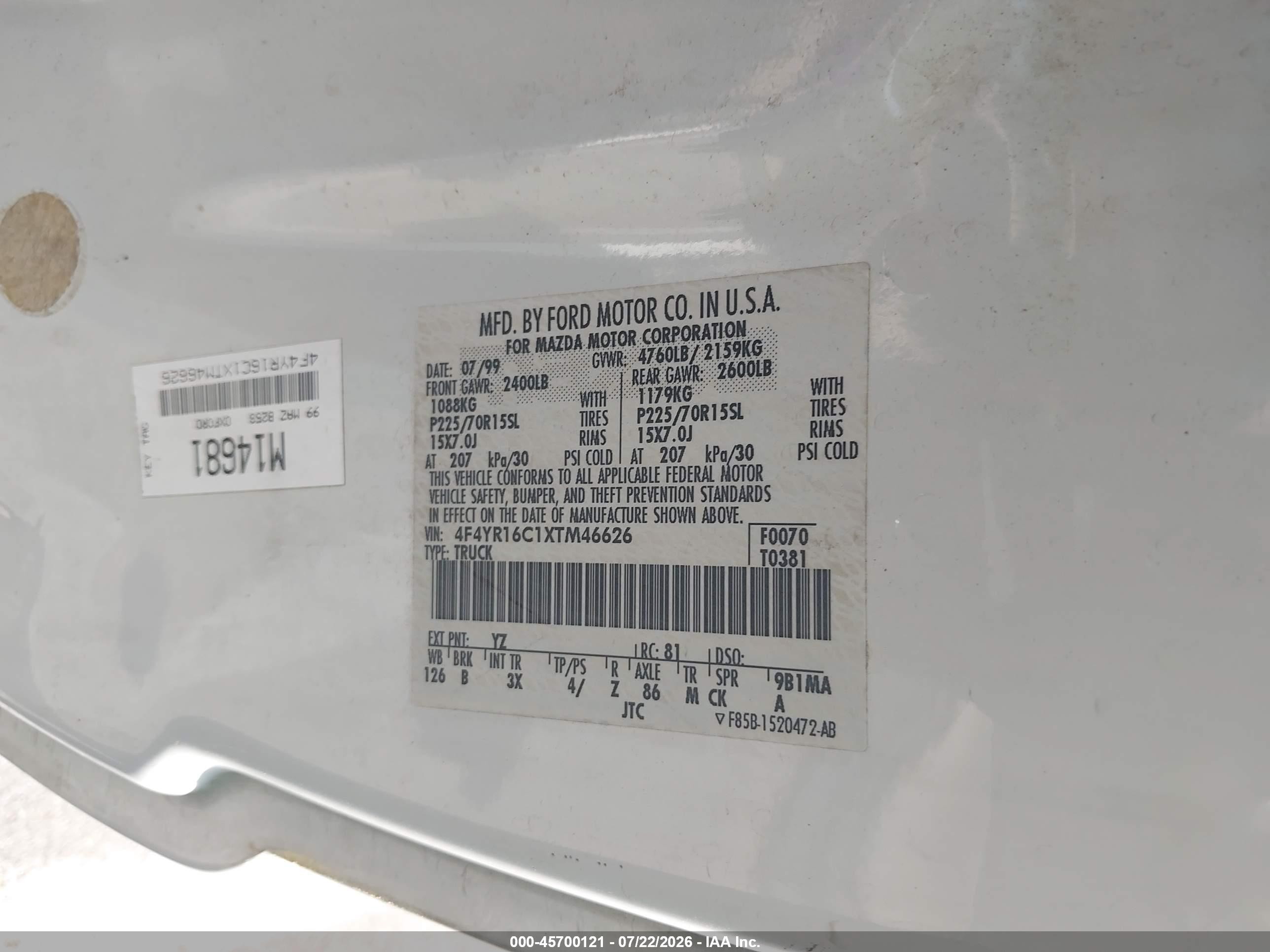 1999 Mazda B2500 Se White vin: 4F4YR16C1XTM46626