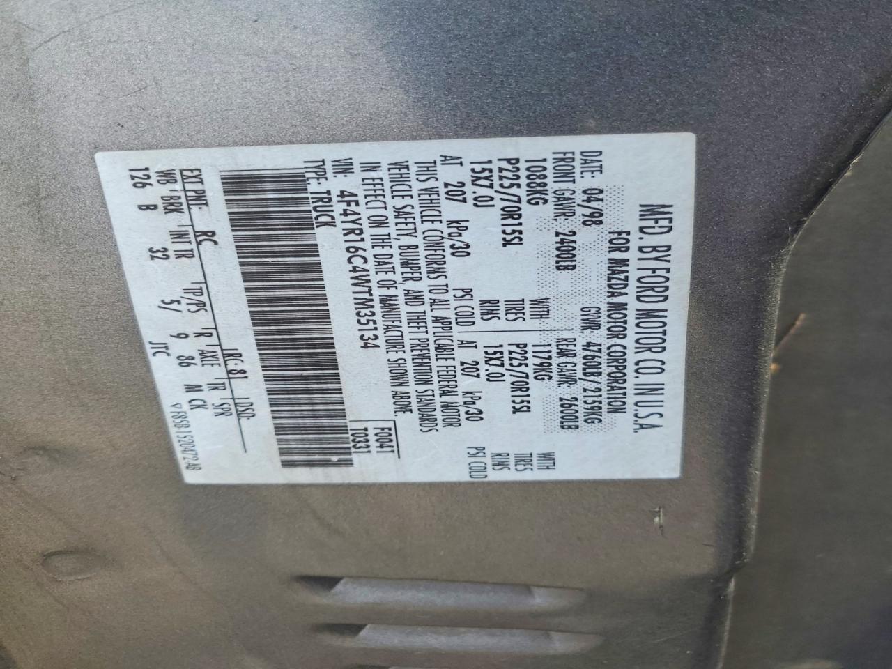 1998 Mazda B2500 Cab Plus Gray vin: 4F4YR16C4WTM35134