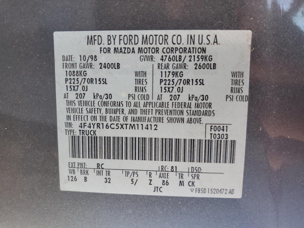 1999 Mazda B2500 Cab Plus Gray vin: 4F4YR16C5XTM11412