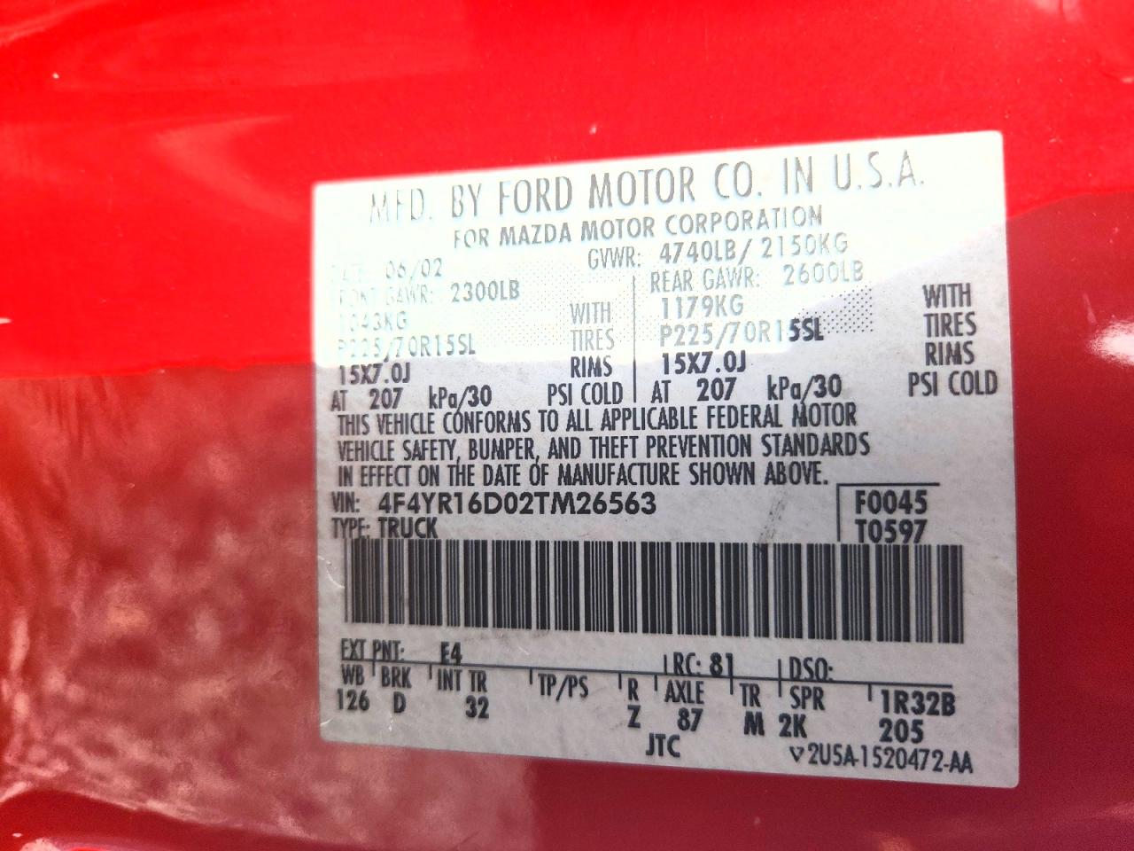2002 Mazda B2300 Cab Plus Red vin: 4F4YR16D02TM26563