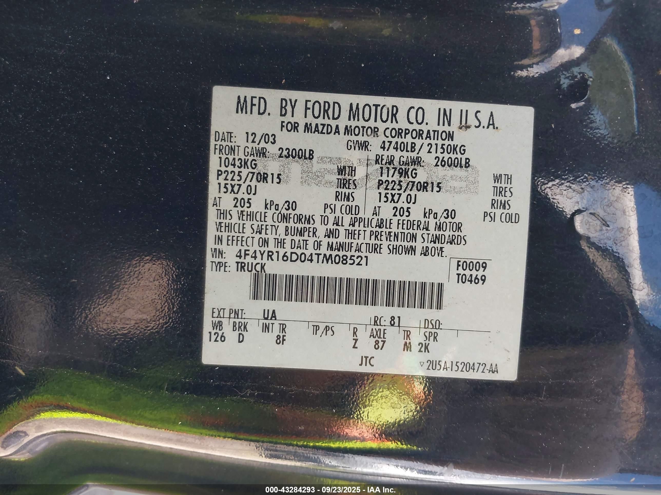 2004 Mazda B2300 Se Black vin: 4F4YR16D04TM08521