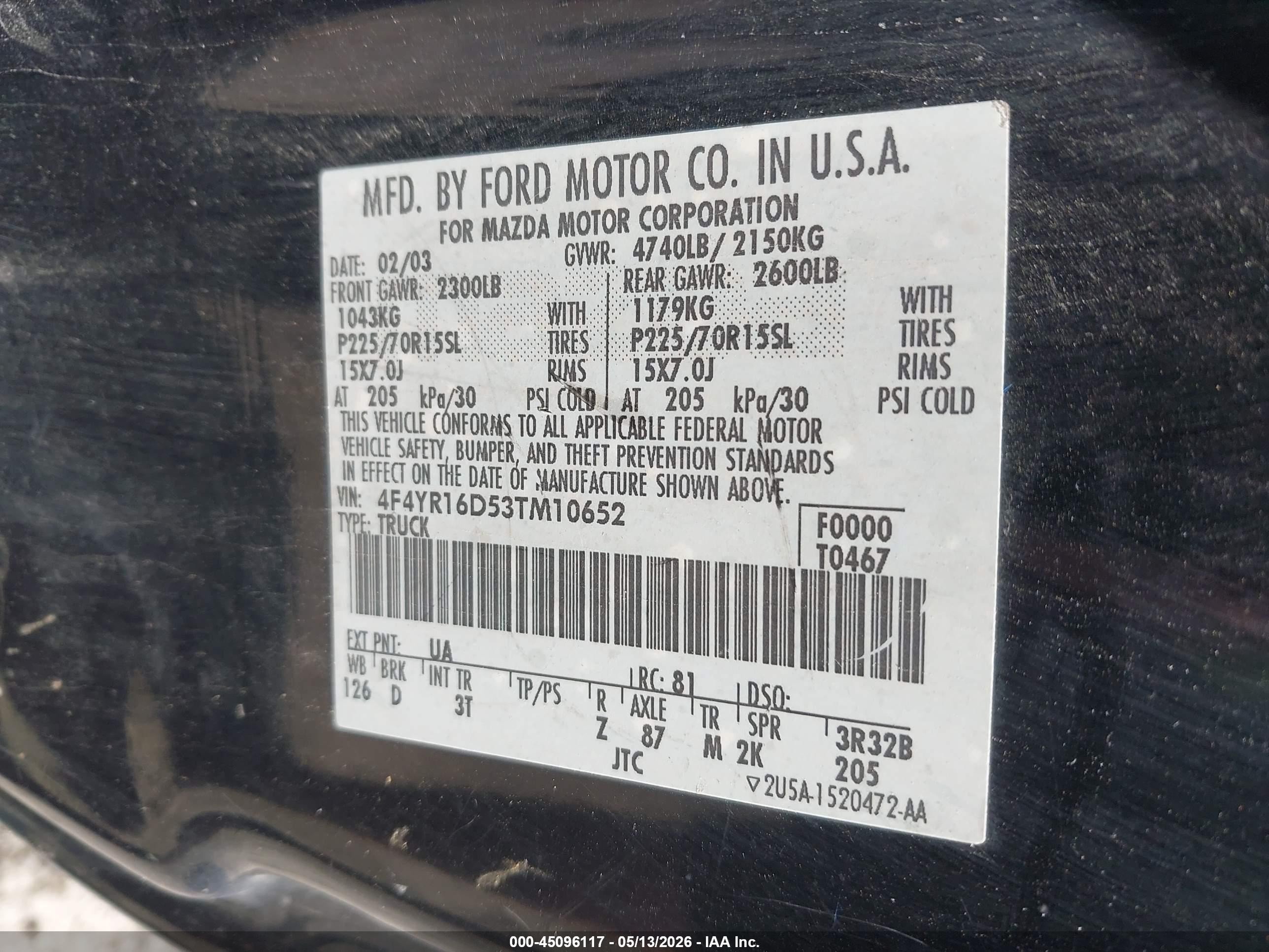 2003 Mazda B2300 Se Black vin: 4F4YR16D53TM10652