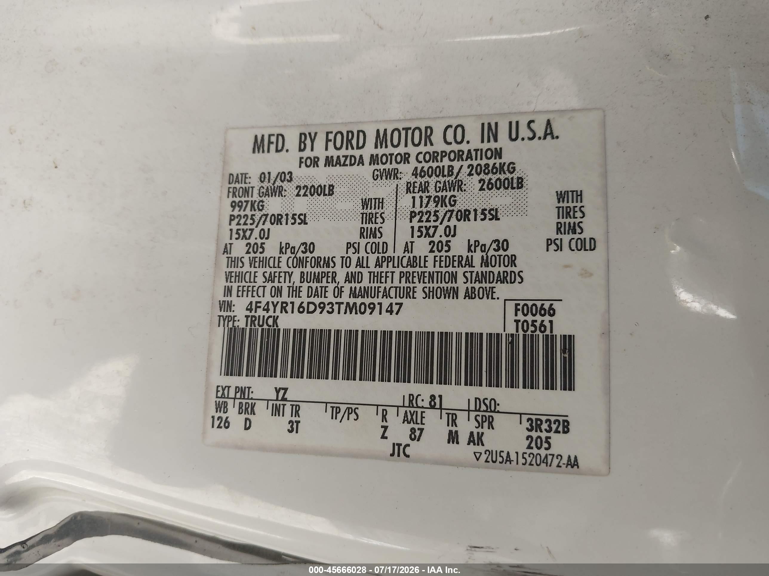 2003 Mazda B2300 Se Белый vin: 4F4YR16D93TM09147
