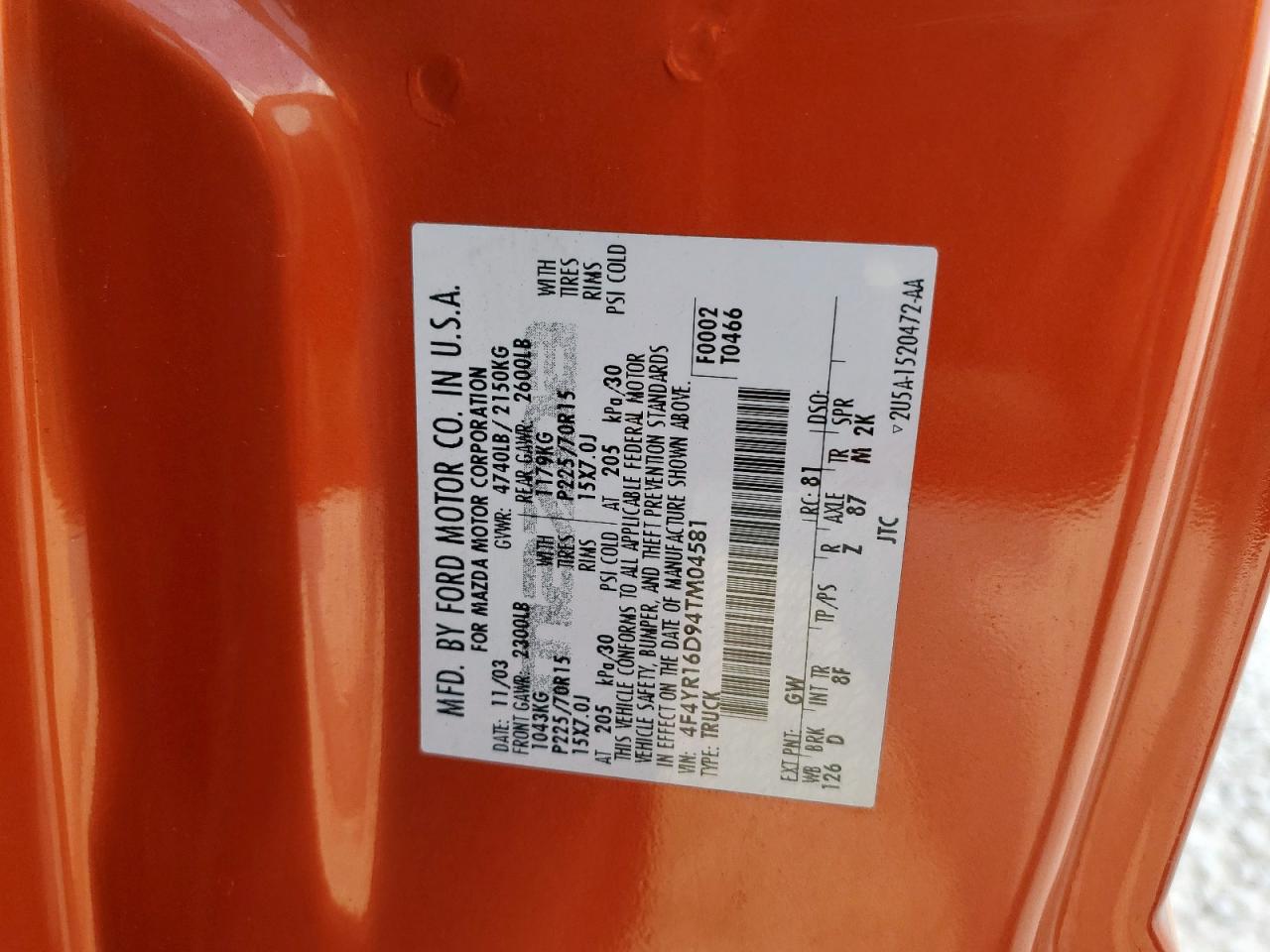 2004 Mazda B2300 Cab Plus Orange vin: 4F4YR16D94TM04581